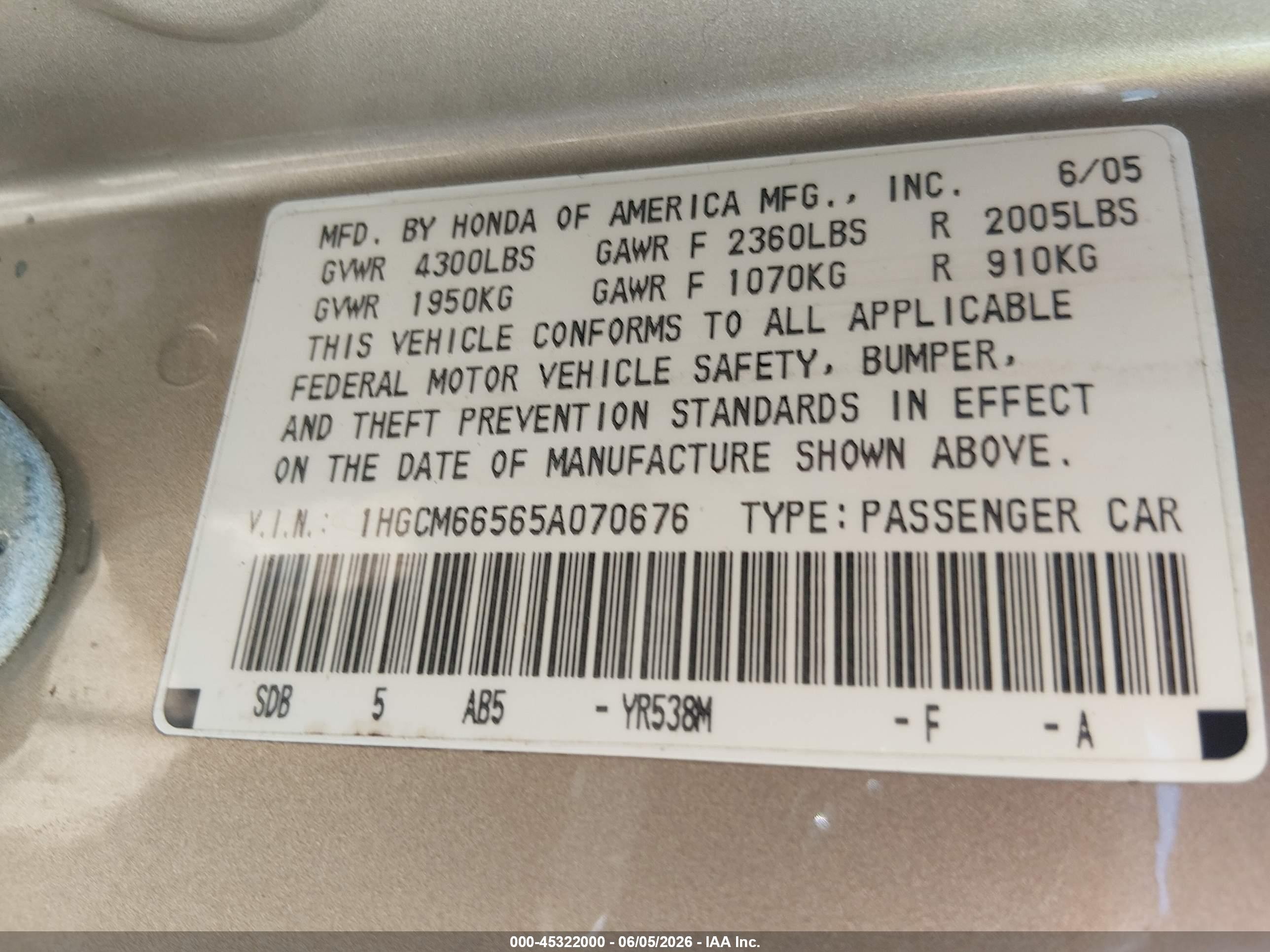 2005 Honda Accord 3.0 Ex Champagne vin: 1HGCM66565A070676