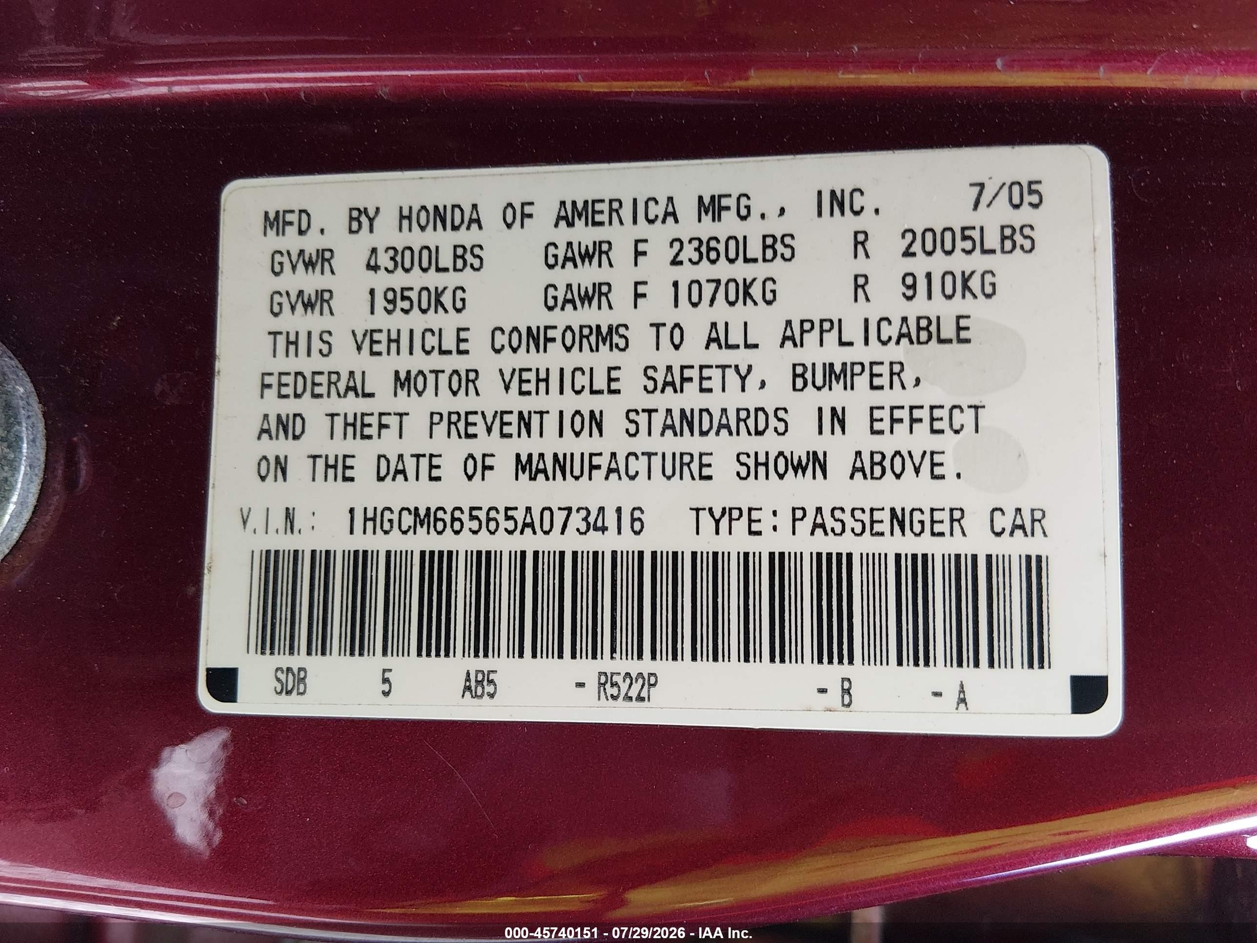 2005 Honda Accord 3.0 Ex Maroon vin: 1HGCM66565A073416