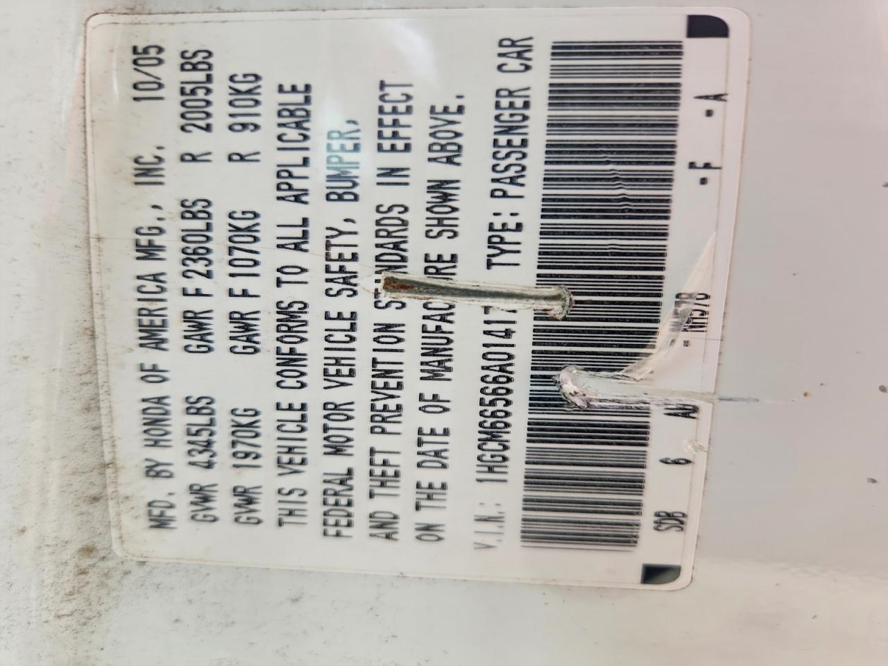 2006 Honda Accord Ex White vin: 1HGCM66566A014173