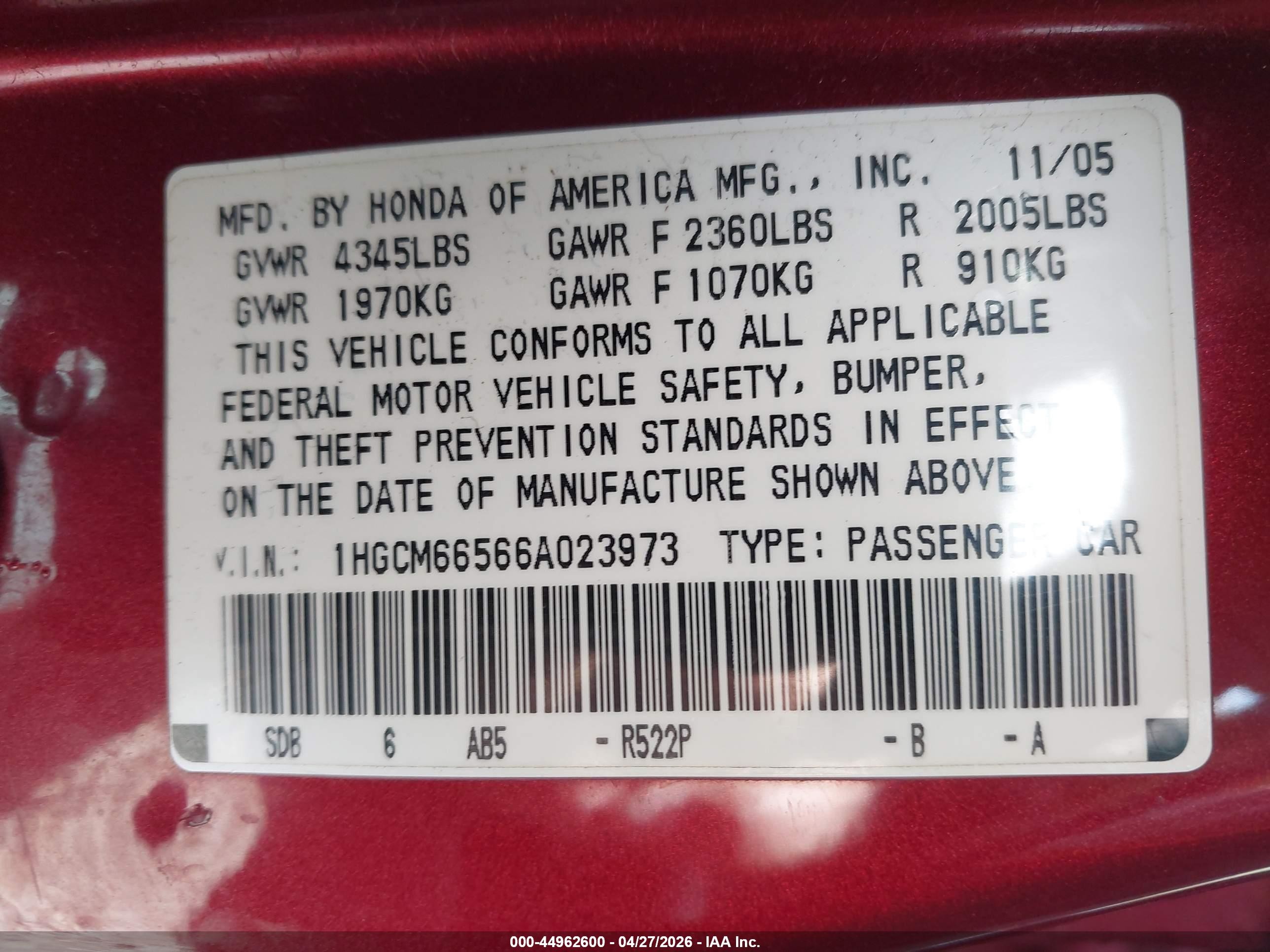2006 Honda Accord 3.0 Ex Red vin: 1HGCM66566A023973