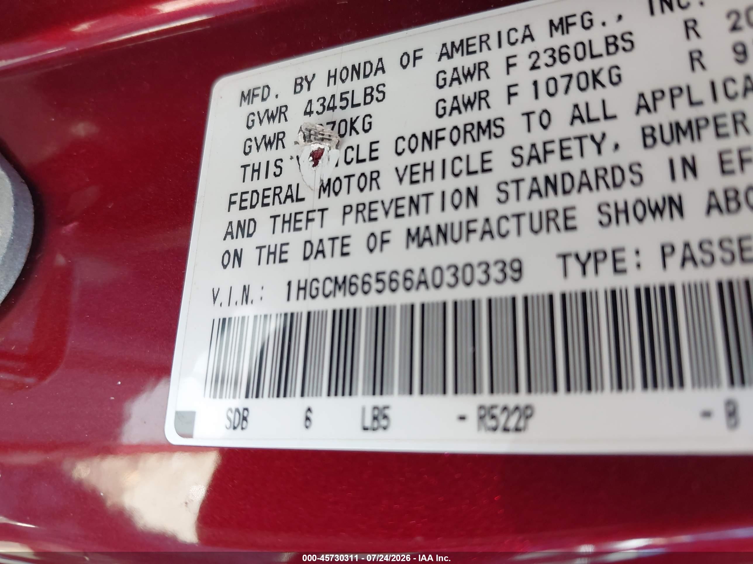 2006 Honda Accord 3.0 Ex Red vin: 1HGCM66566A030339