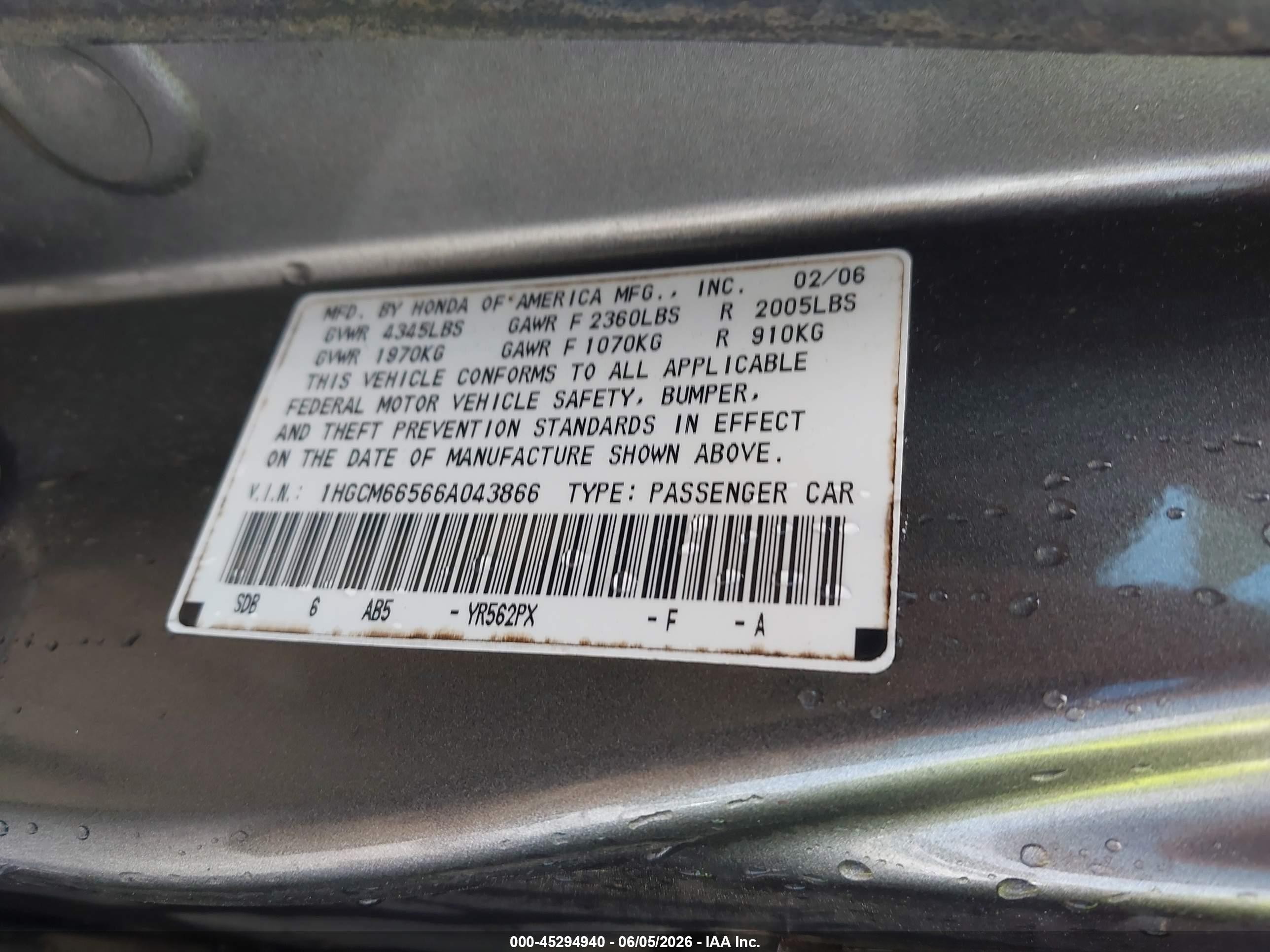 2006 Honda Accord 3.0 Ex Серый vin: 1HGCM66566A043866