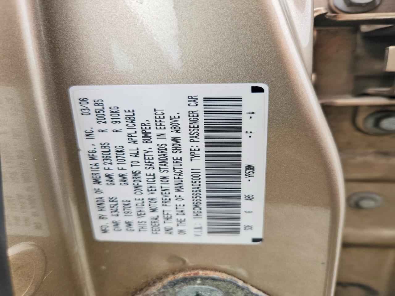 2006 Honda Accord Ex Gold vin: 1HGCM66566A050011