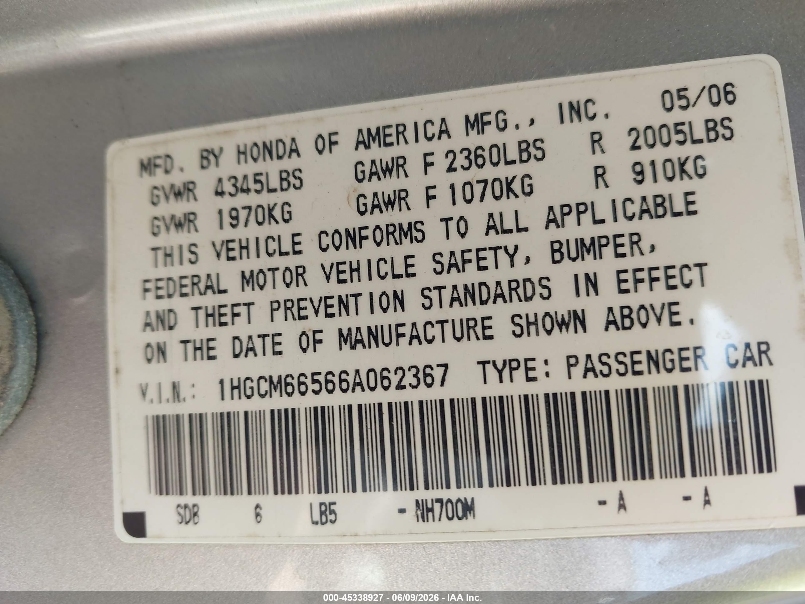 2006 Honda Accord 3.0 Ex Silver vin: 1HGCM66566A062367
