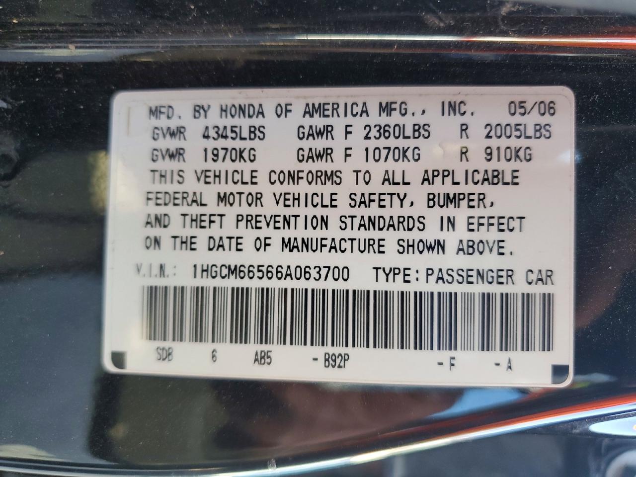 2006 Honda Accord Ex Black vin: 1HGCM66566A063700