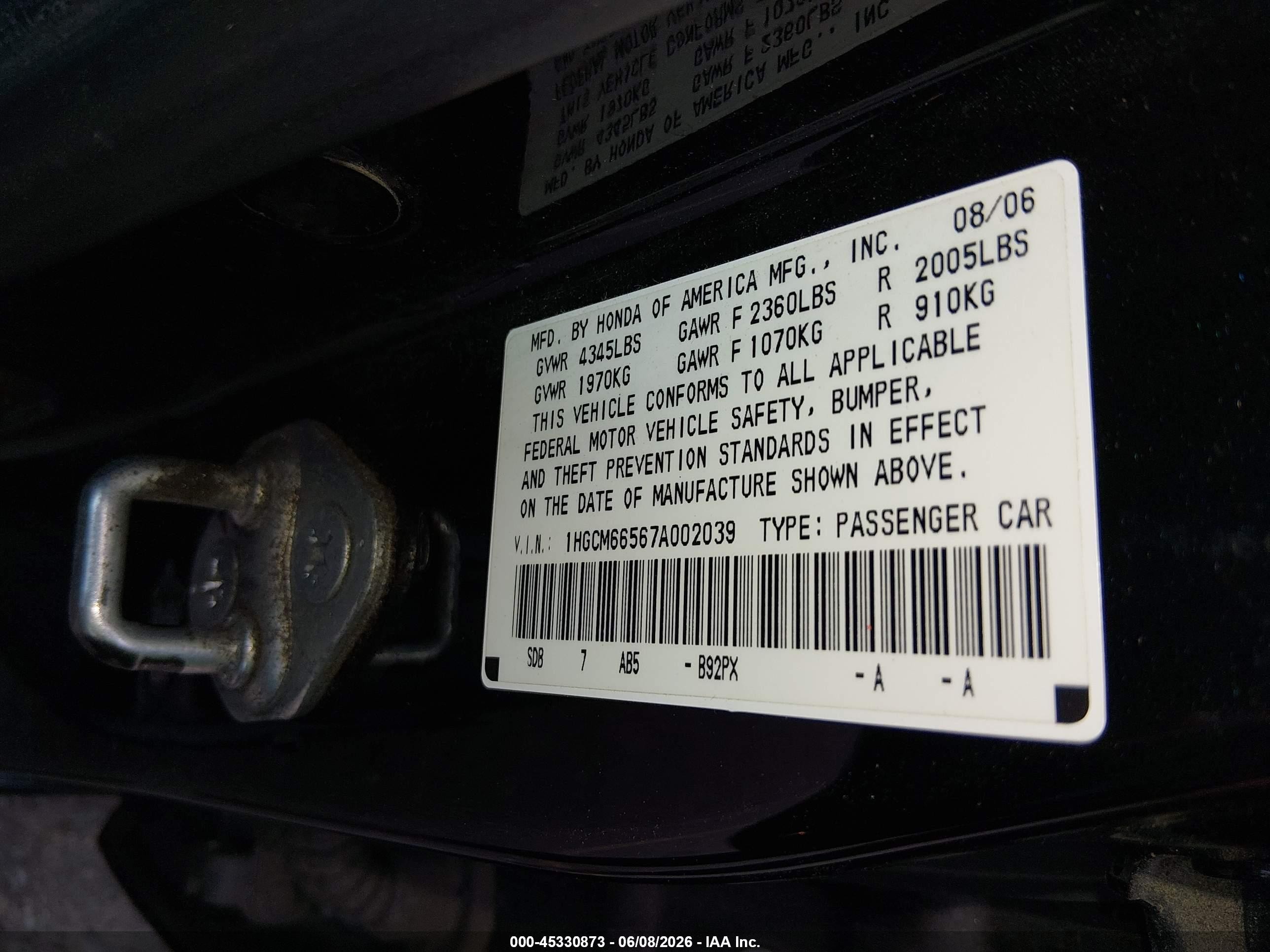 2007 Honda Accord 3.0 Ex Black vin: 1HGCM66567A002039