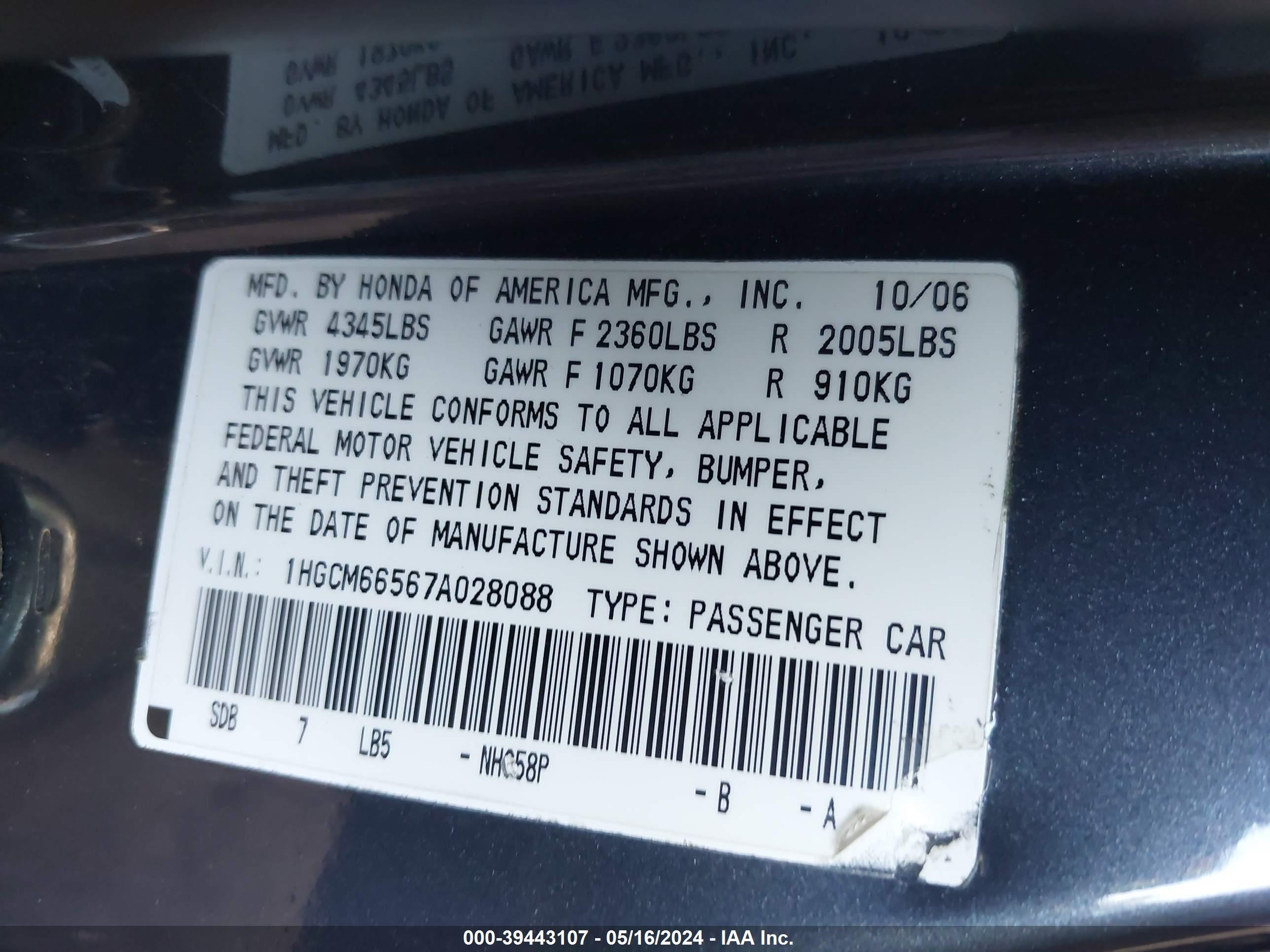 2007 Honda Accord 3.0 Ex Gray vin: 1HGCM66567A028088