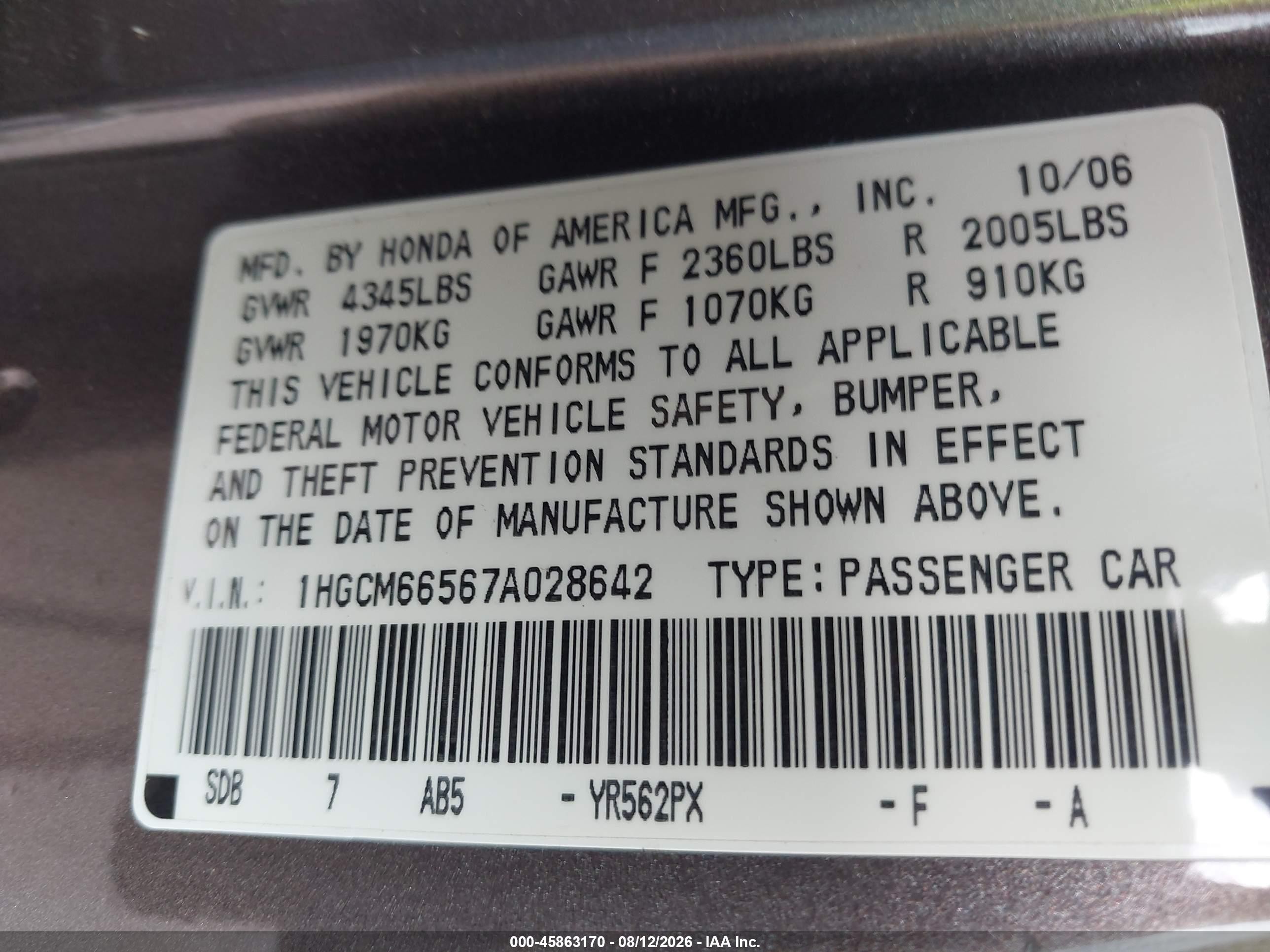 2007 Honda Accord 3.0 Ex Brown vin: 1HGCM66567A028642