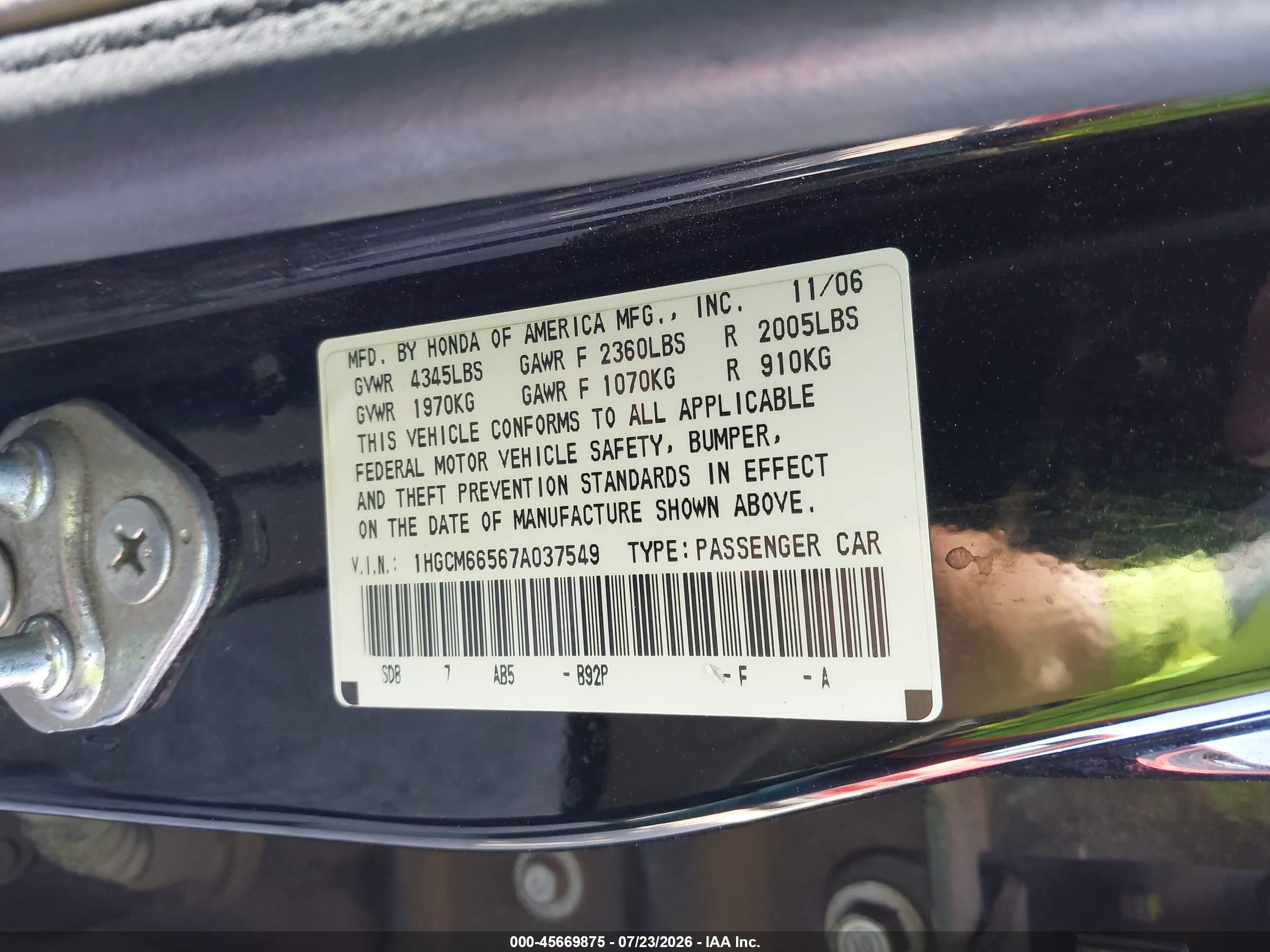 2007 Honda Accord 3.0 Ex Black vin: 1HGCM66567A037549