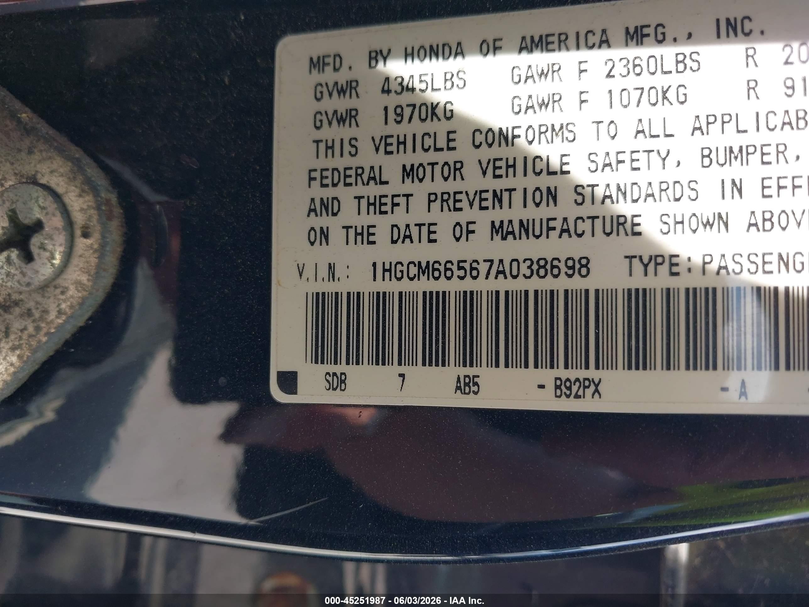 2007 Honda Accord 3.0 Ex Black vin: 1HGCM66567A038698
