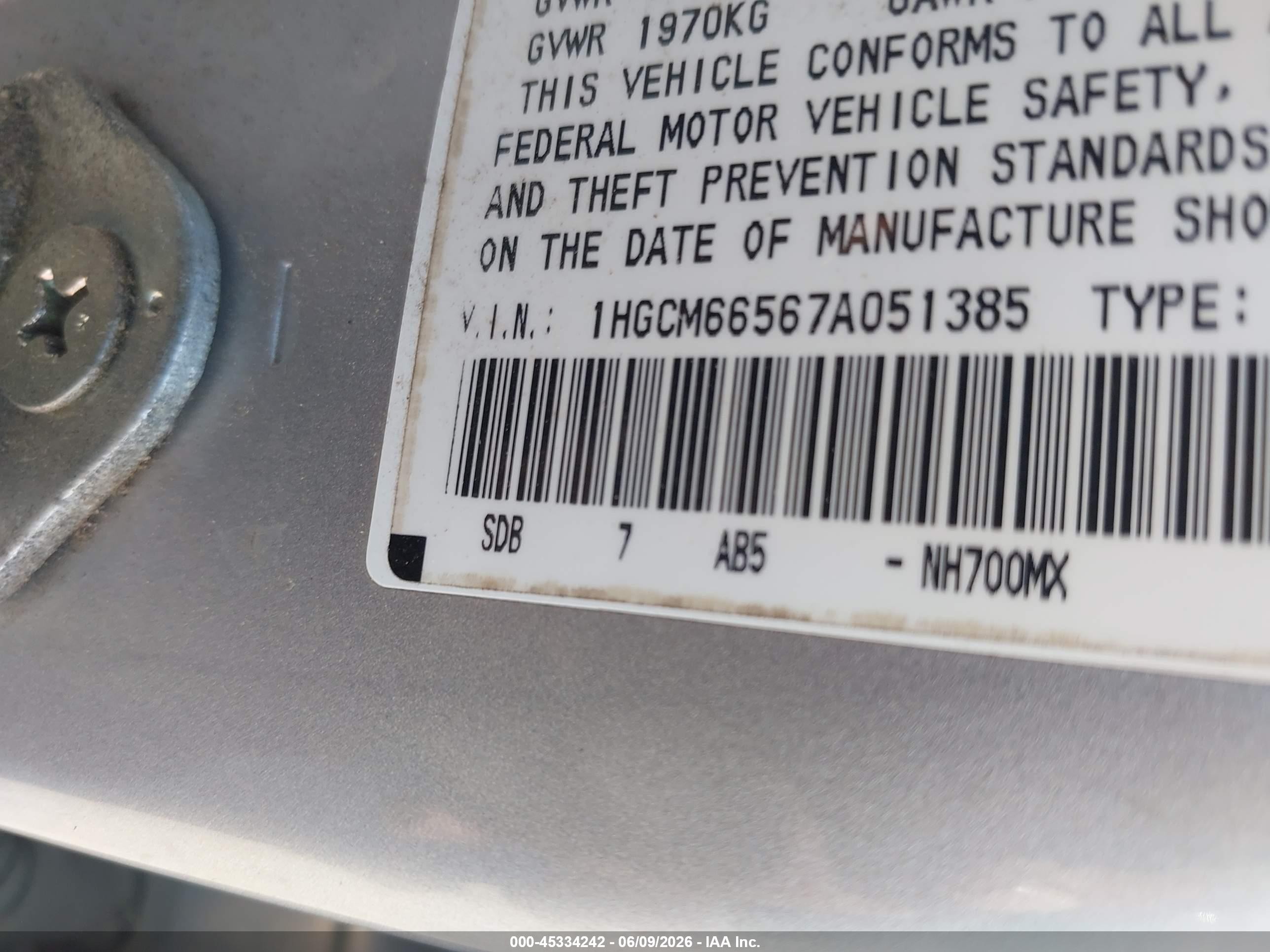 2007 Honda Accord 3.0 Ex Silver vin: 1HGCM66567A051385