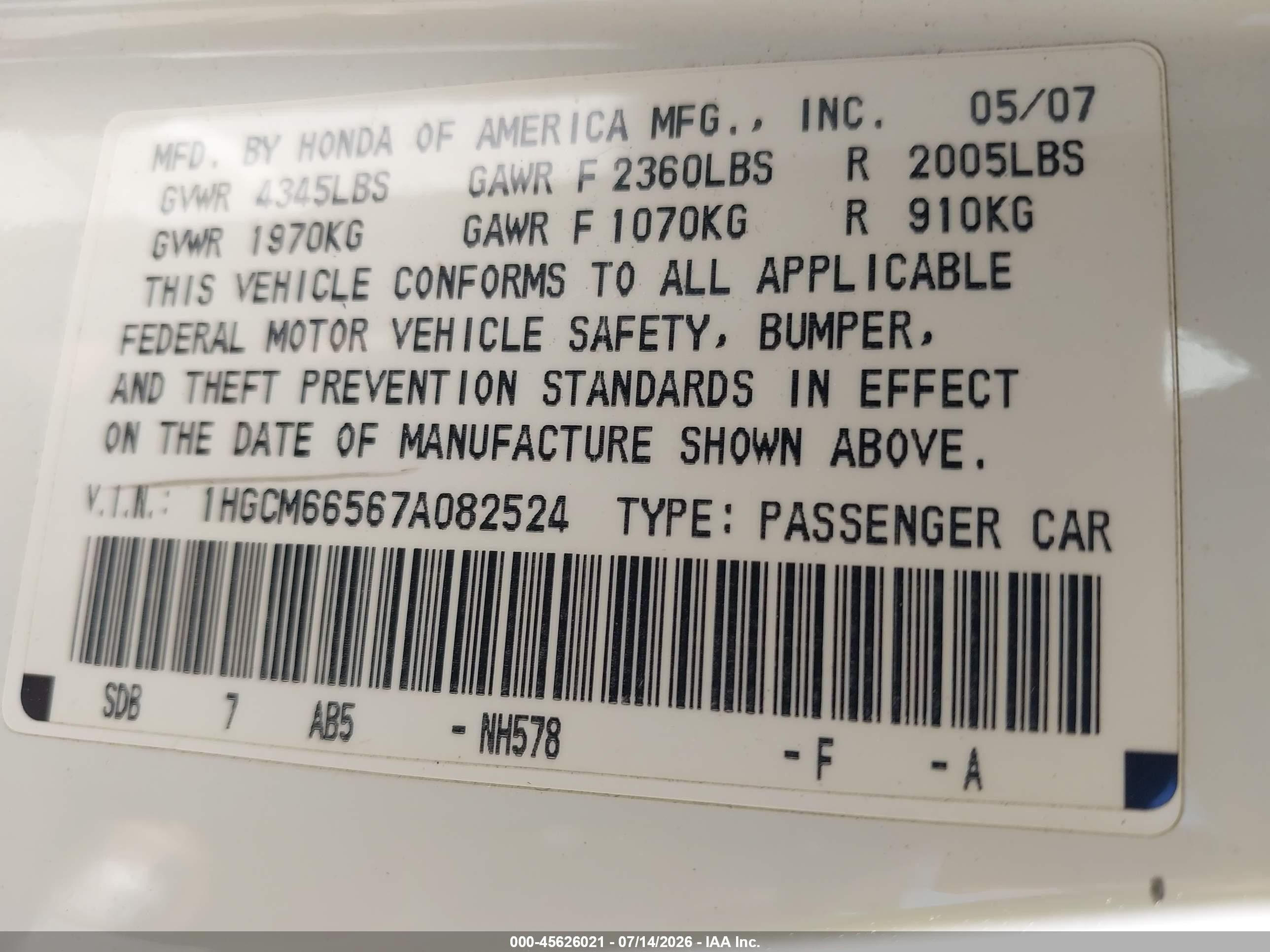 2007 Honda Accord 3.0 Ex Белый vin: 1HGCM66567A082524