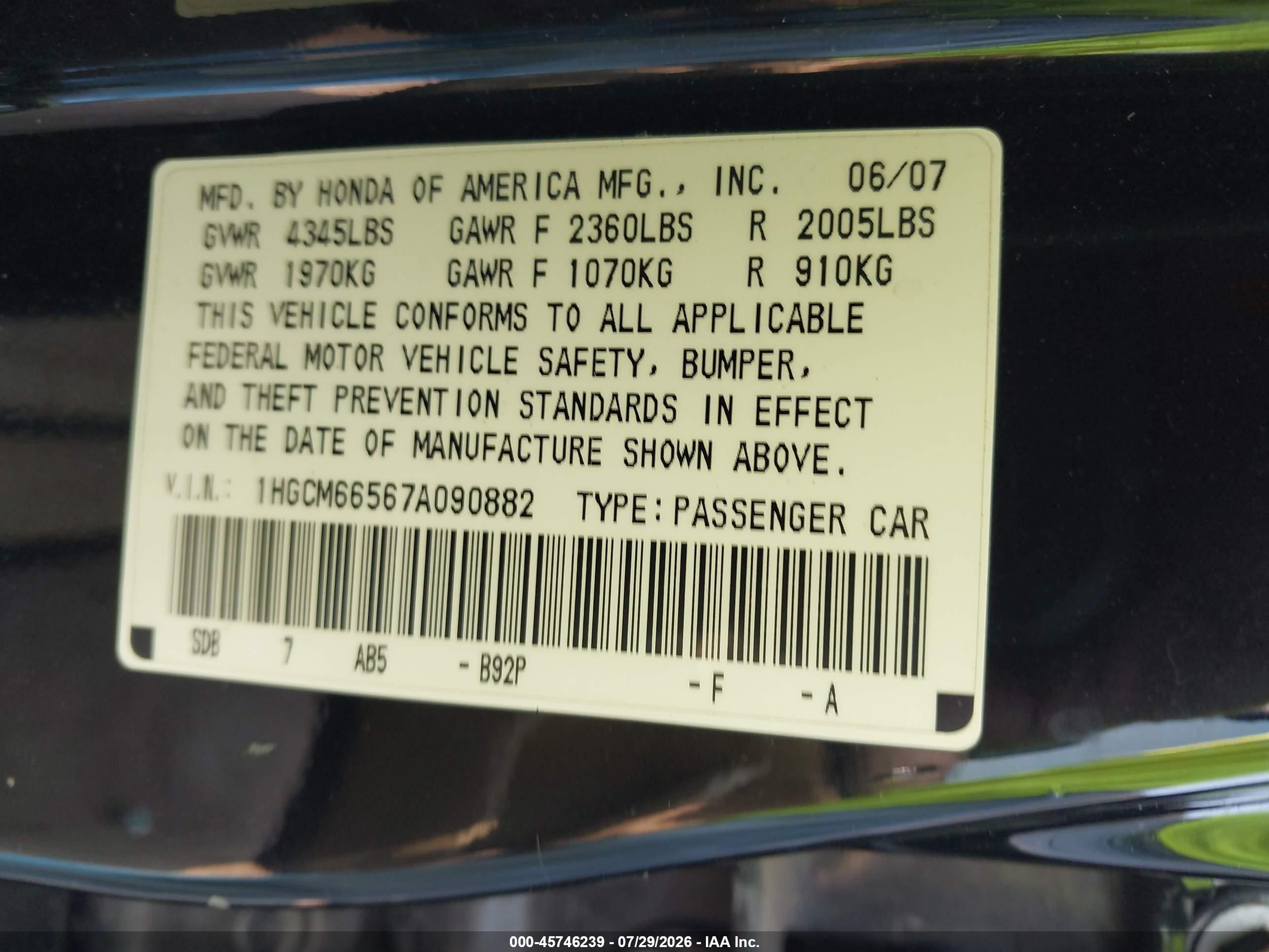 2007 Honda Accord 3.0 Ex Black vin: 1HGCM66567A090882