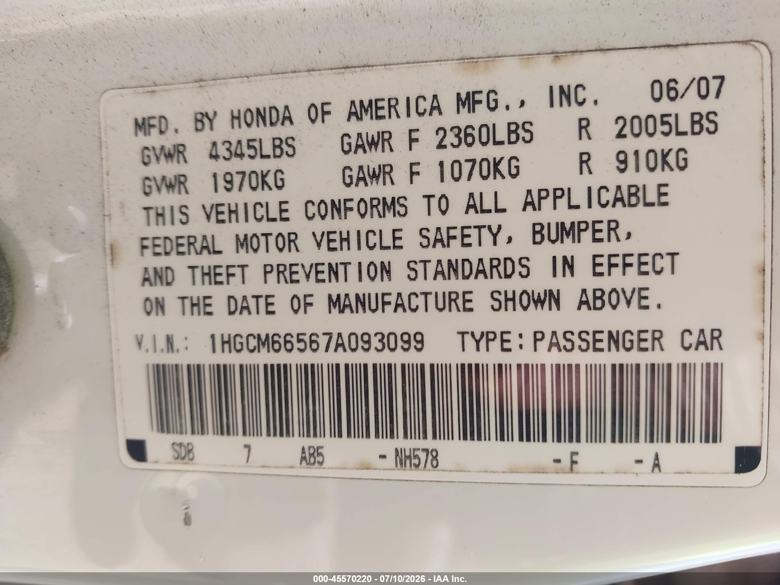 2007 Honda Accord 3.0 Ex Beige vin: 1HGCM66567A093099