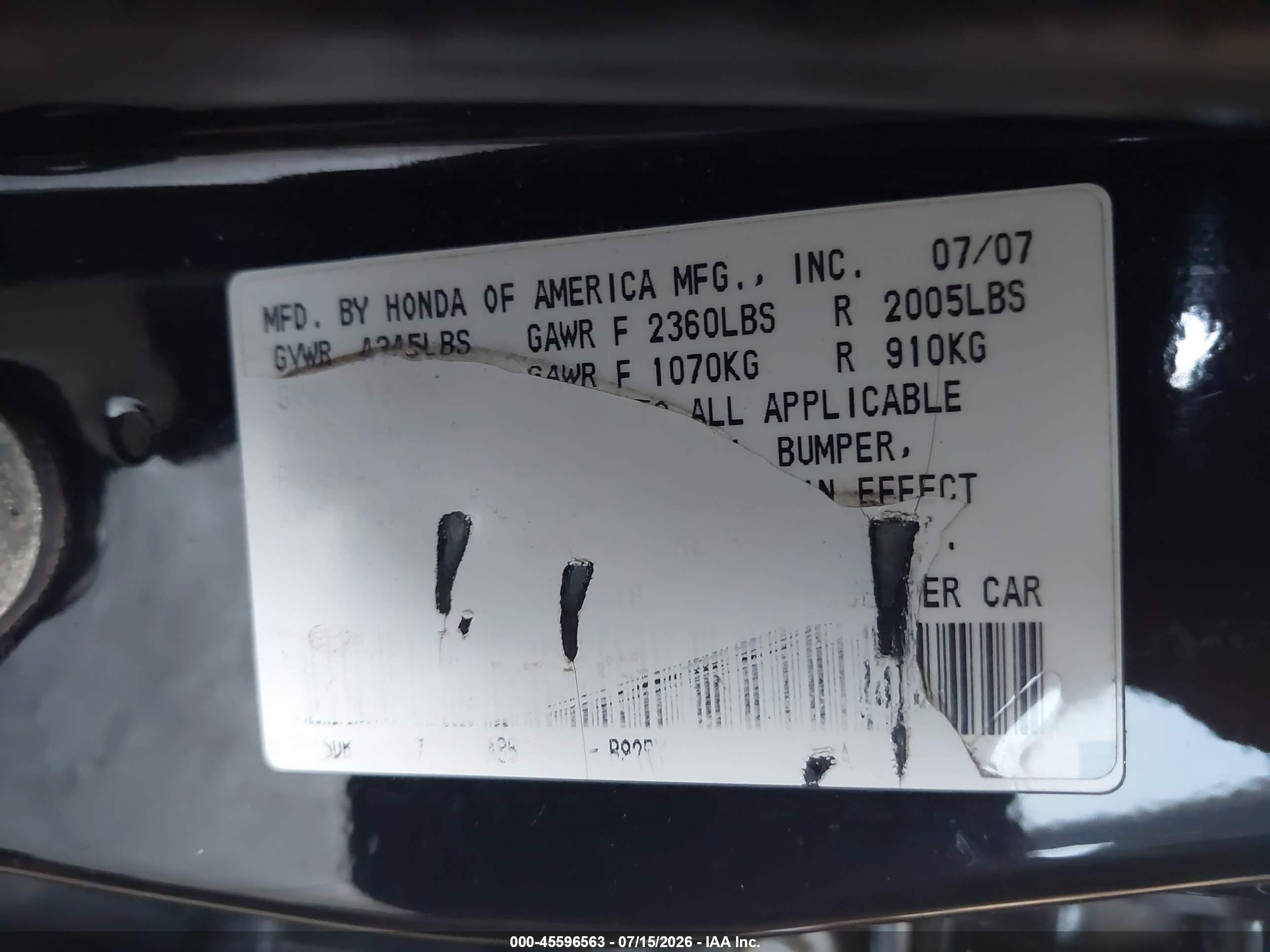 2007 Honda Accord 3.0 Ex Черный vin: 1HGCM66567A102318
