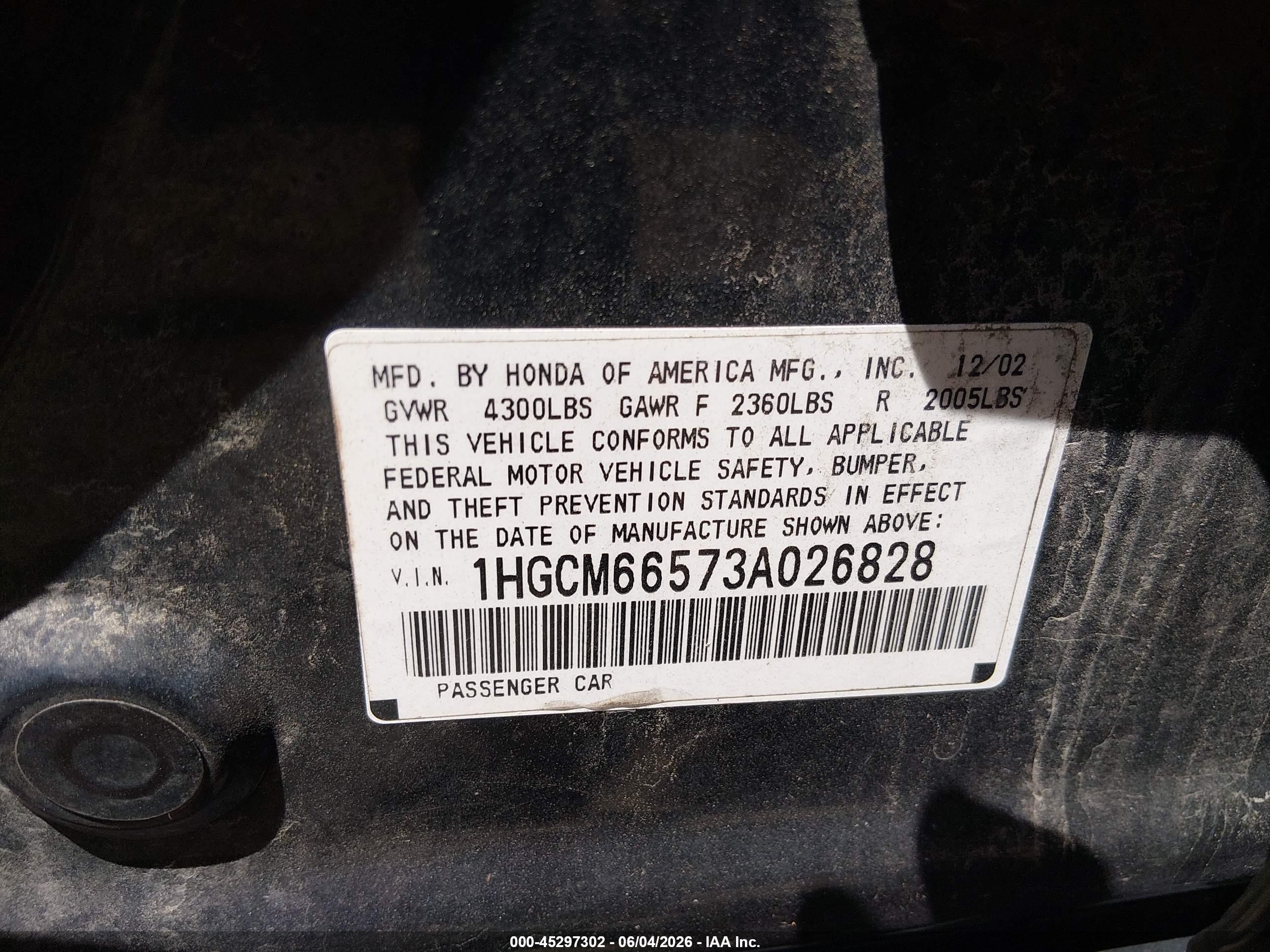 2003 Honda Accord 3.0 Ex Black vin: 1HGCM66573A026828