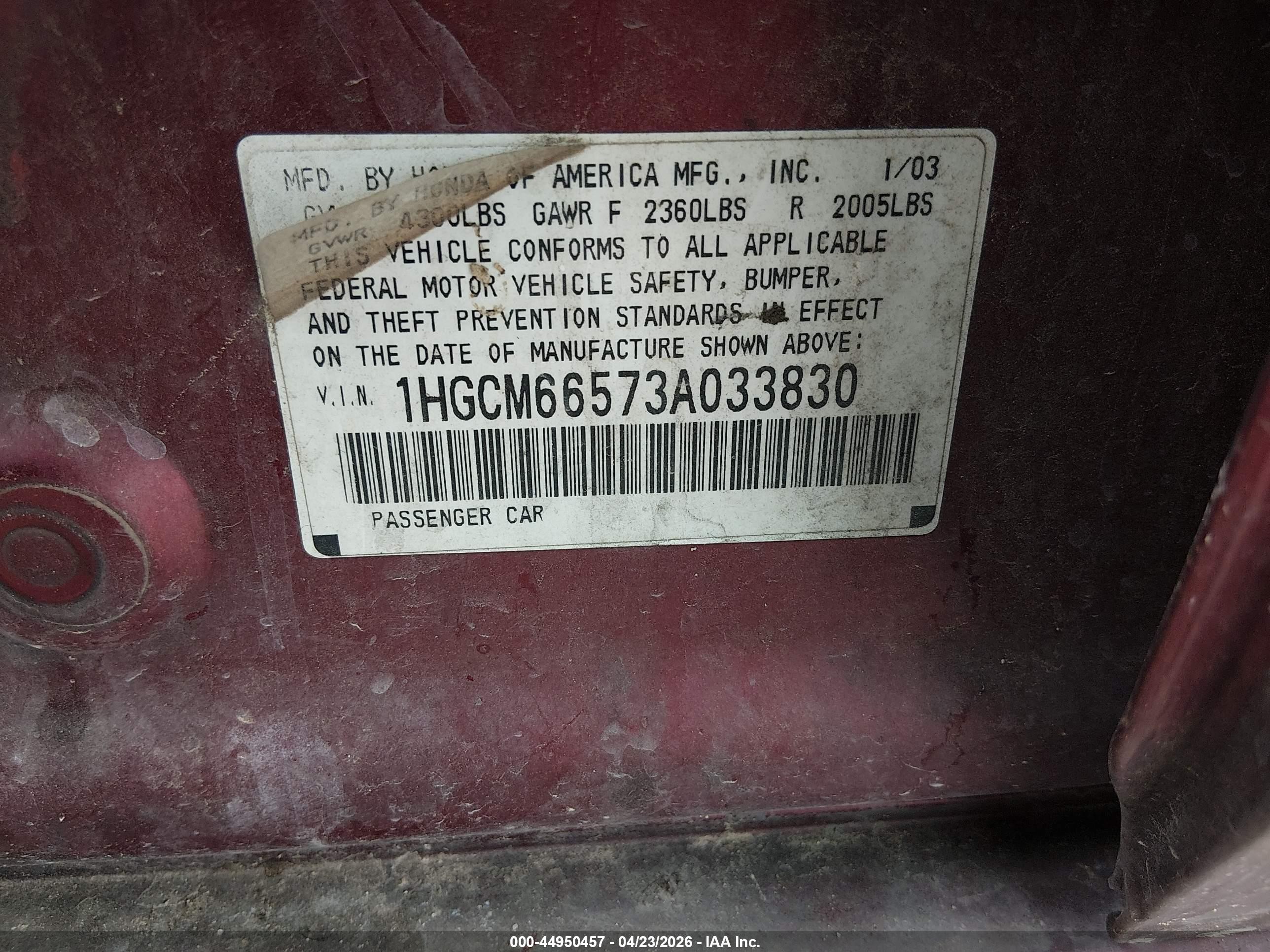 2003 Honda Accord 3.0 Ex Burgundy vin: 1HGCM66573A033830