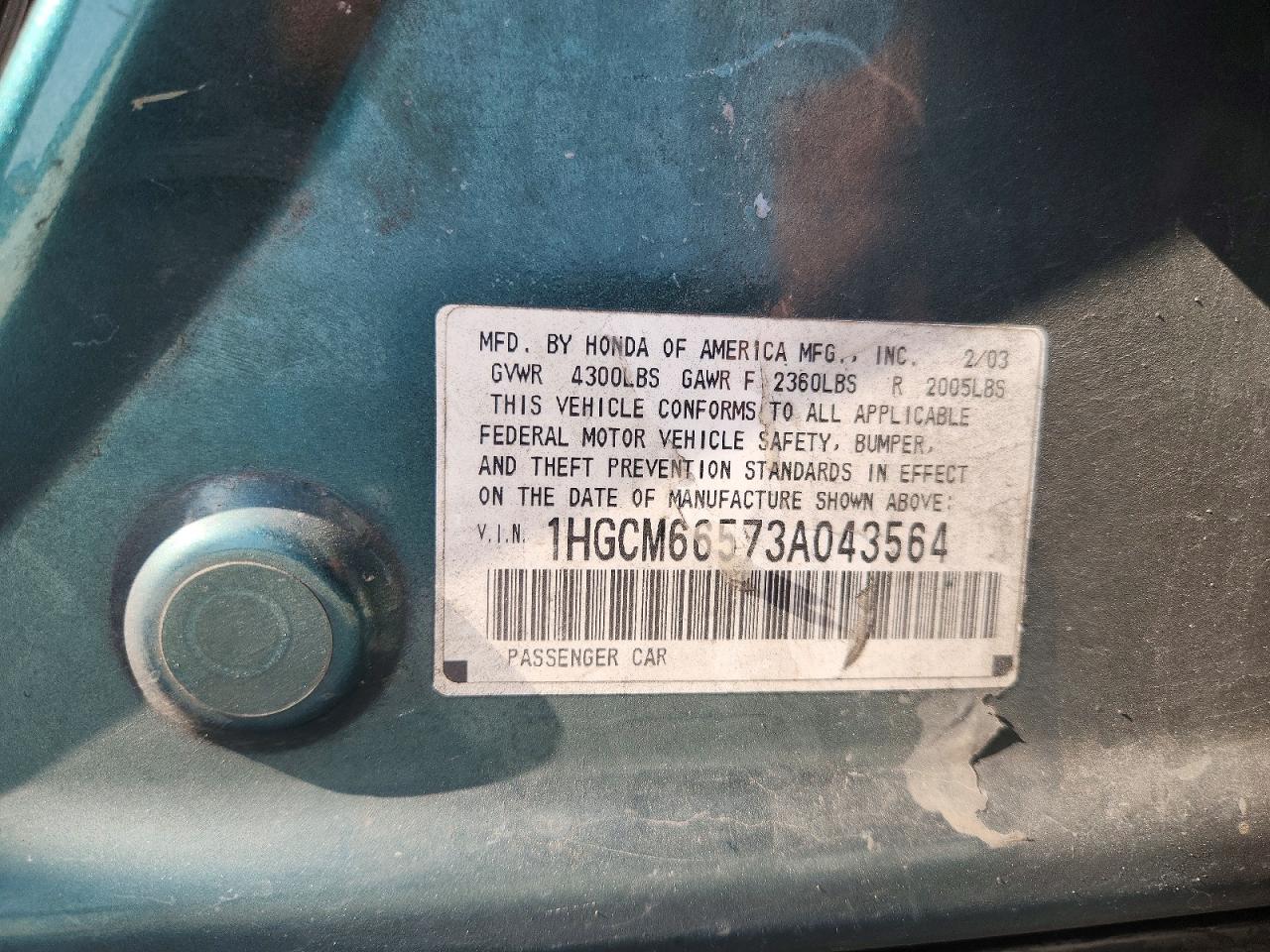 2003 Honda Accord Ex Зеленый vin: 1HGCM66573A043564