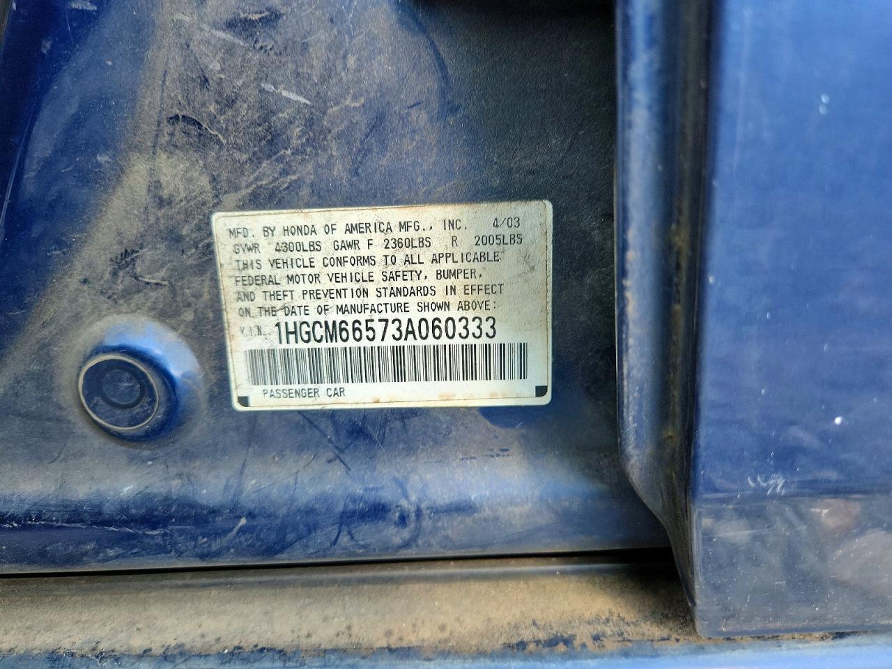 2003 Honda Accord Ex Синий vin: 1HGCM66573A060333