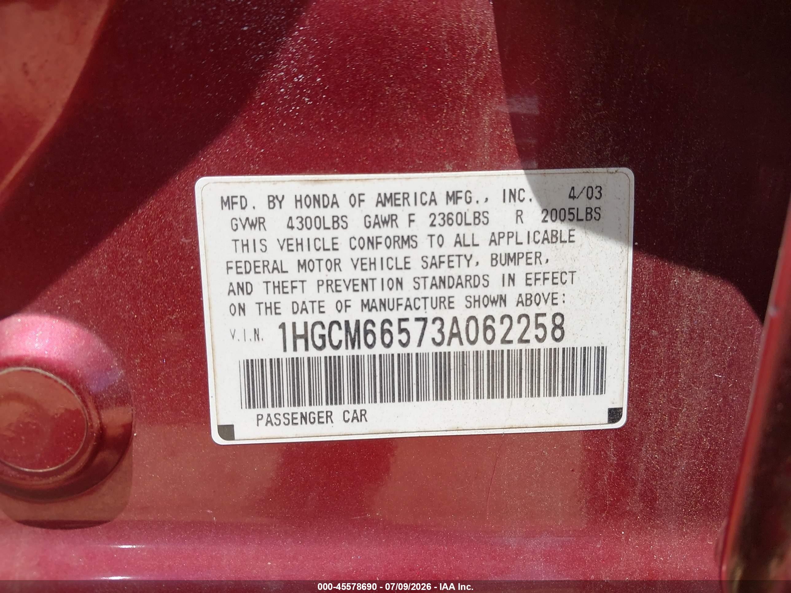 2003 Honda Accord Sdn Ex Red vin: 1HGCM66573A062258