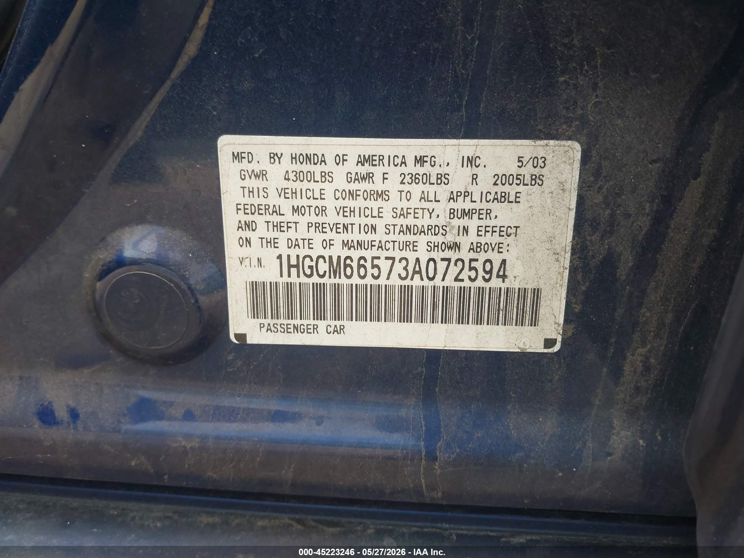 2003 Honda Accord 3.0 Ex Blue vin: 1HGCM66573A072594