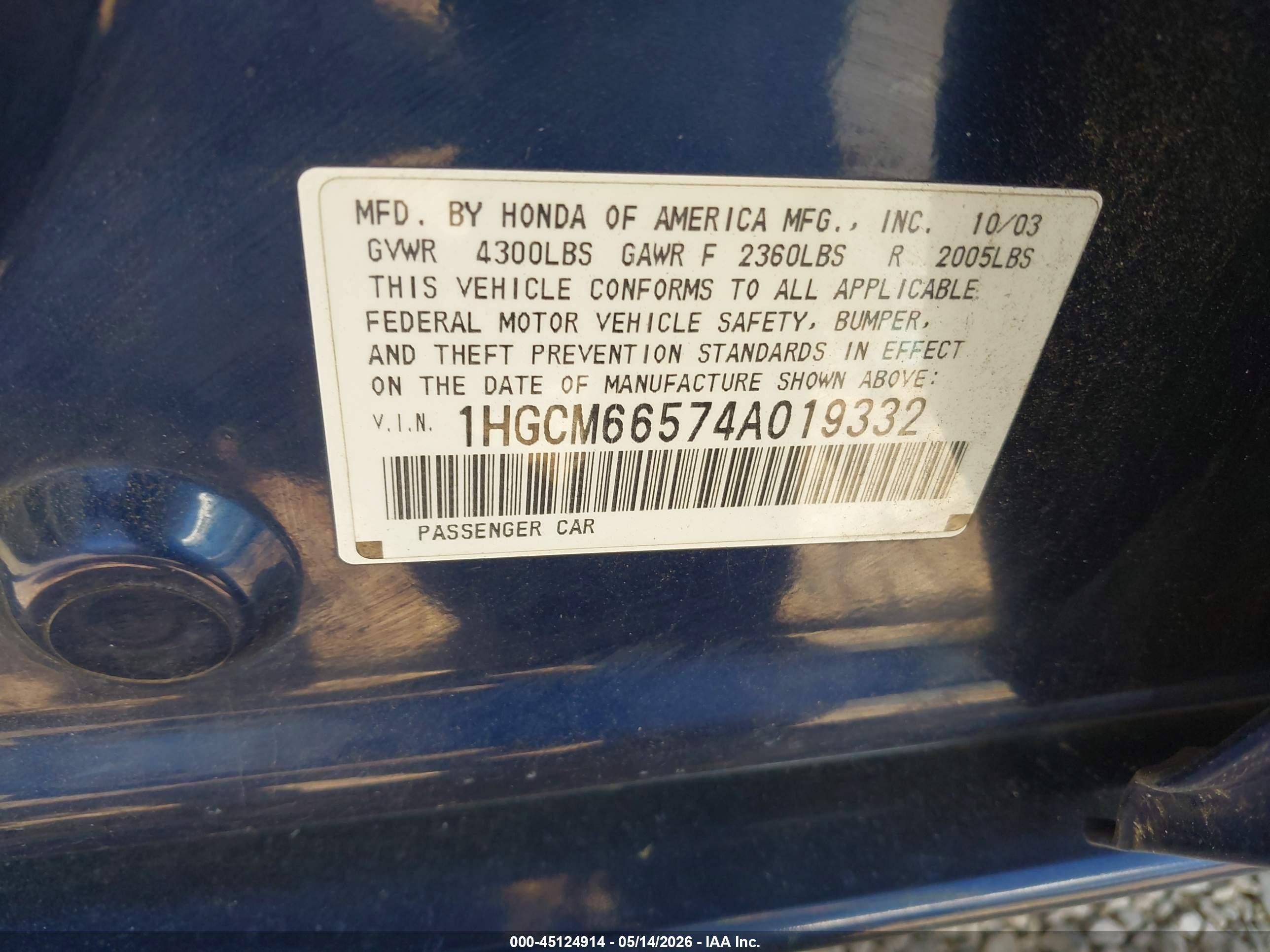2004 Honda Accord 3.0 Ex Blue vin: 1HGCM66574A019332
