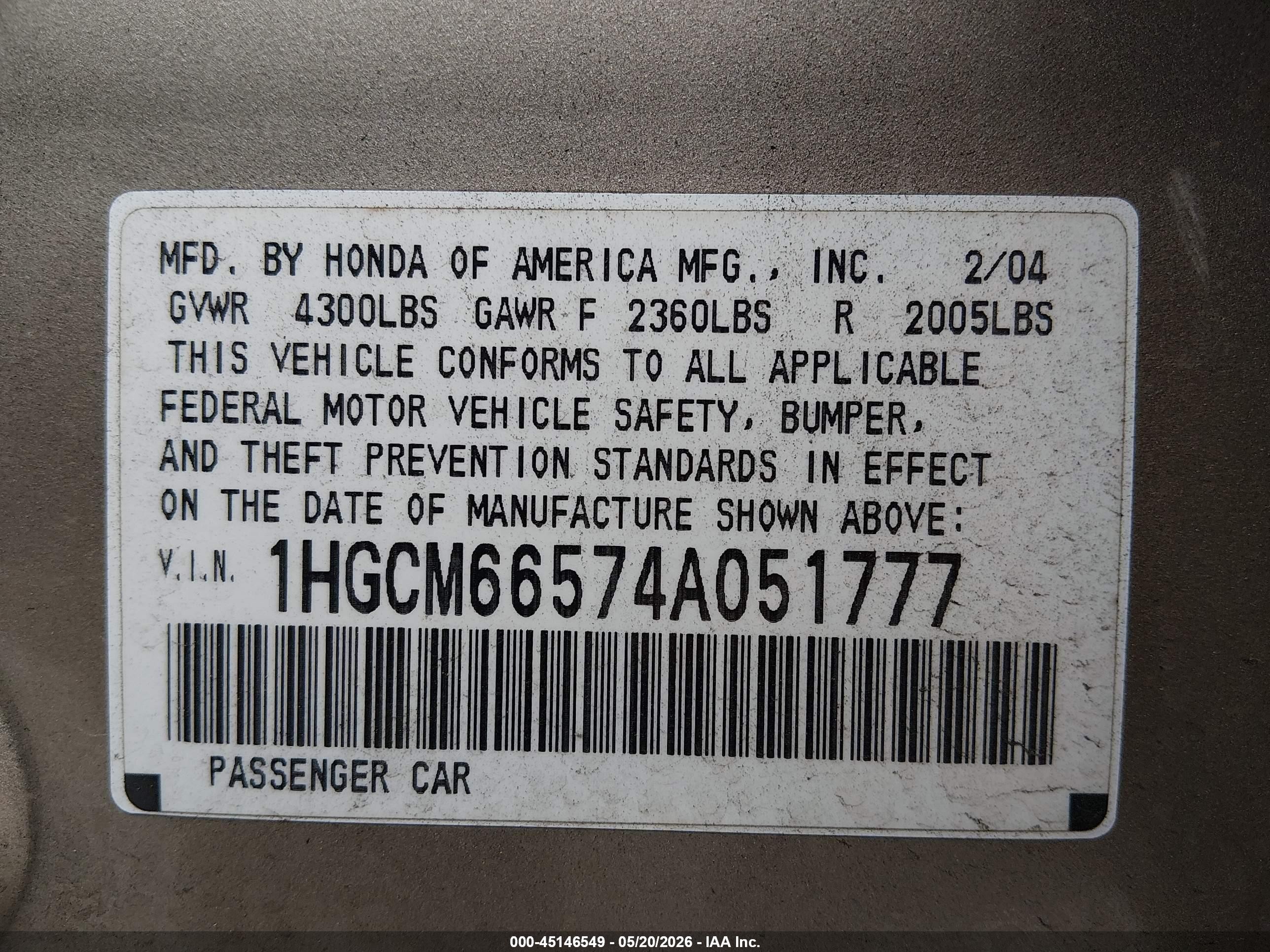 2004 Honda Accord 3.0 Ex Champagne vin: 1HGCM66574A051777