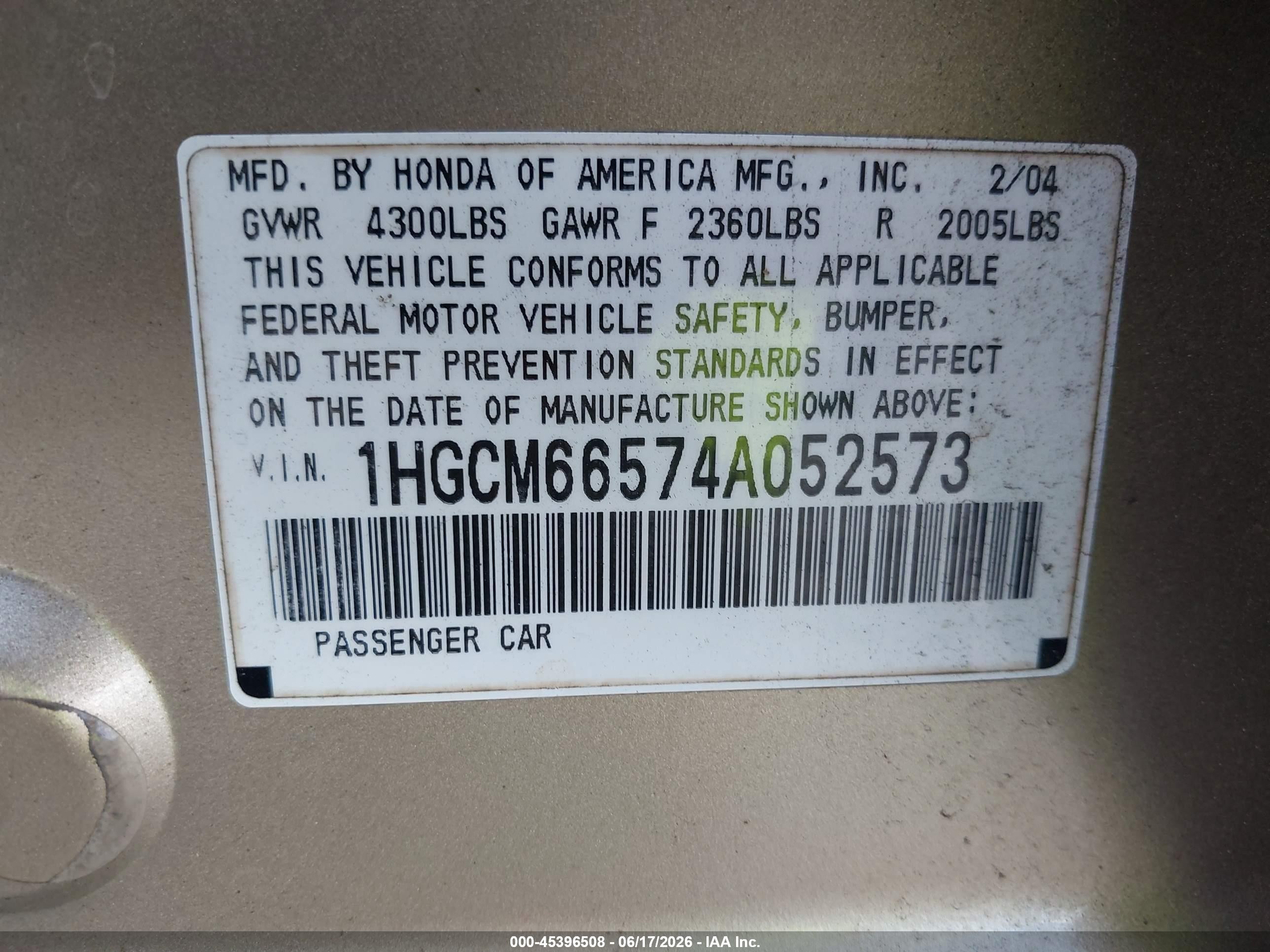 2004 Honda Accord 3.0 Ex Beige vin: 1HGCM66574A052573