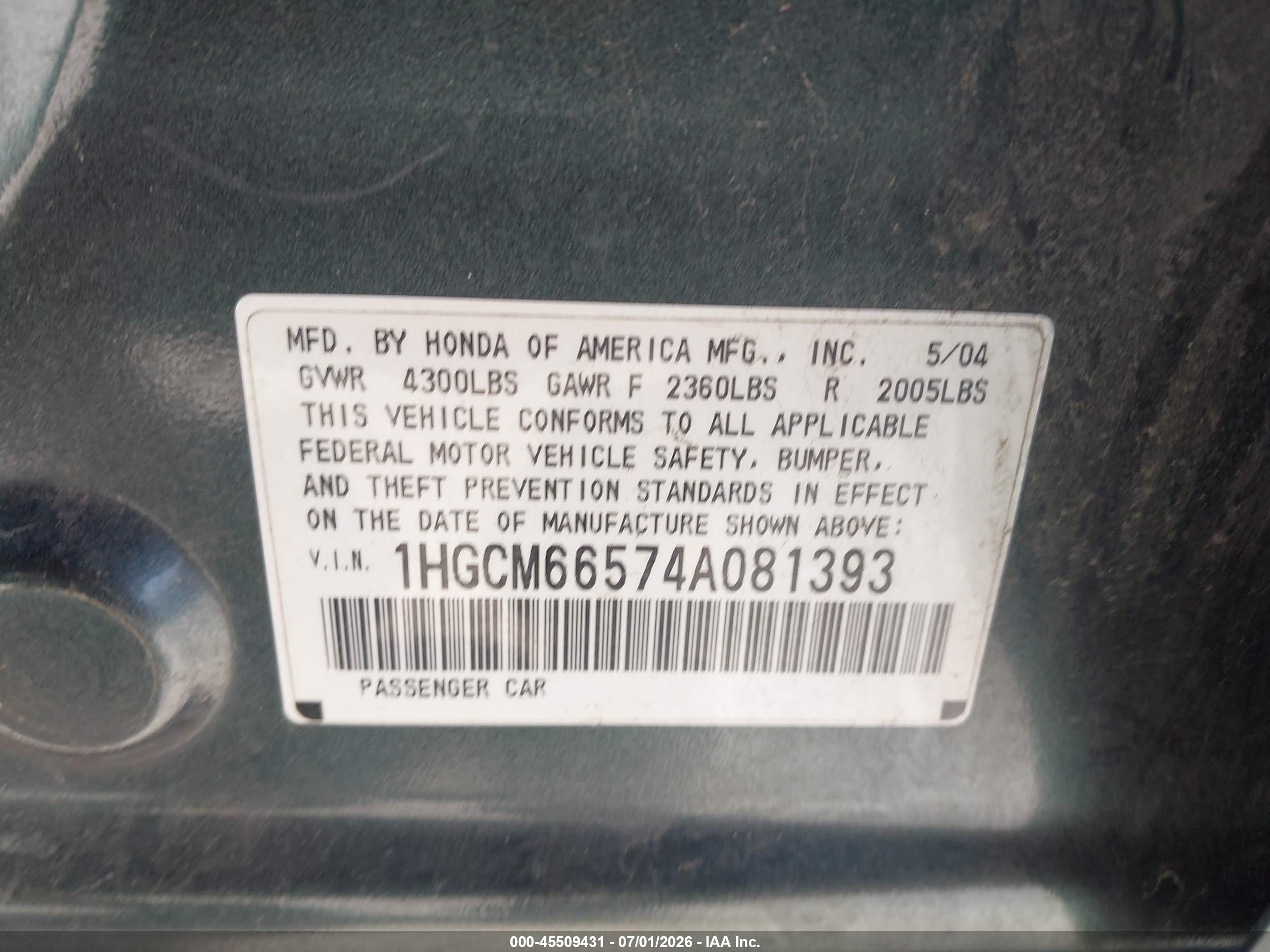 2004 Honda Accord 3.0 Ex Green vin: 1HGCM66574A081393