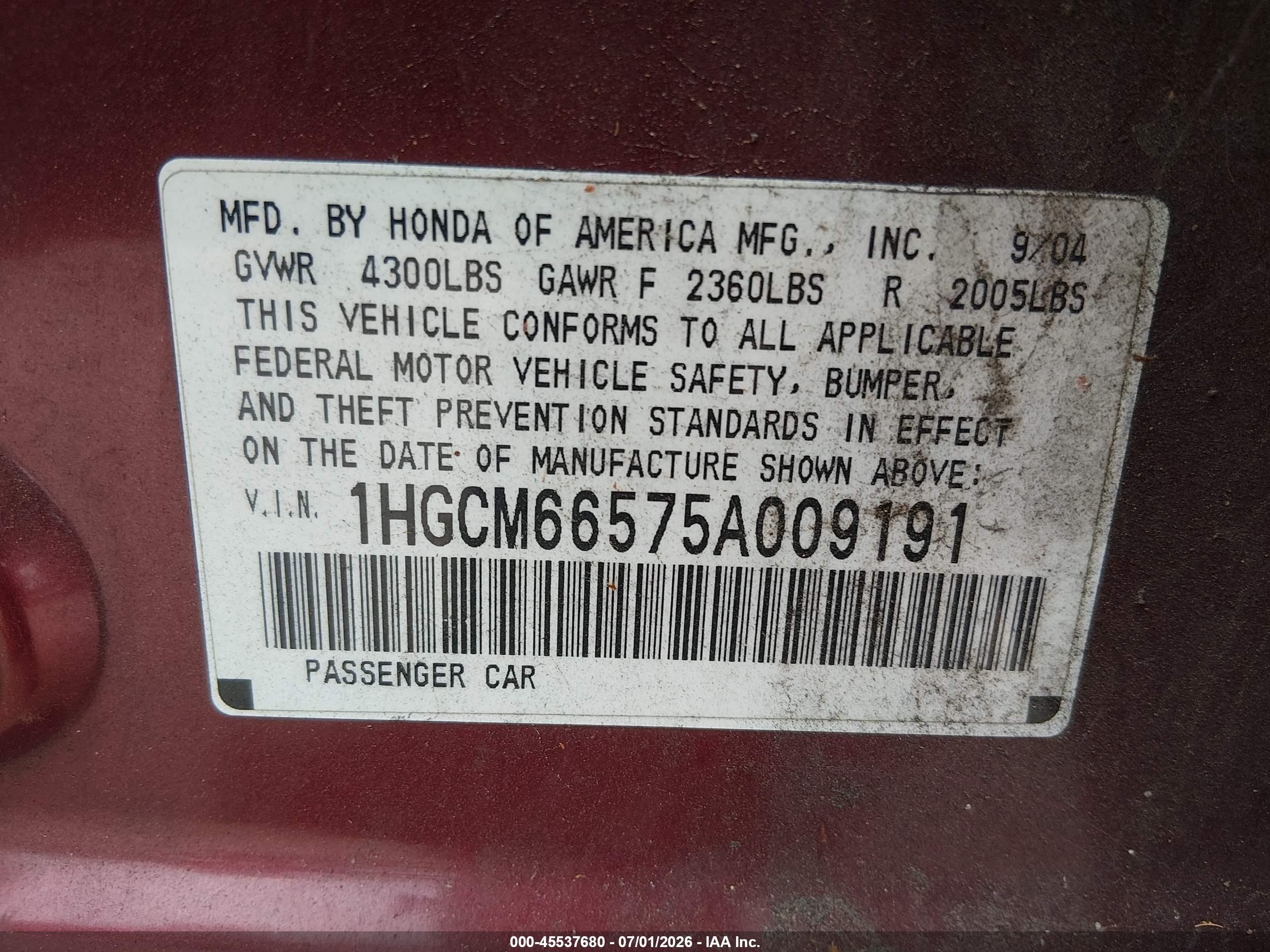2005 Honda Accord 3.0 Ex Burgundy vin: 1HGCM66575A009191