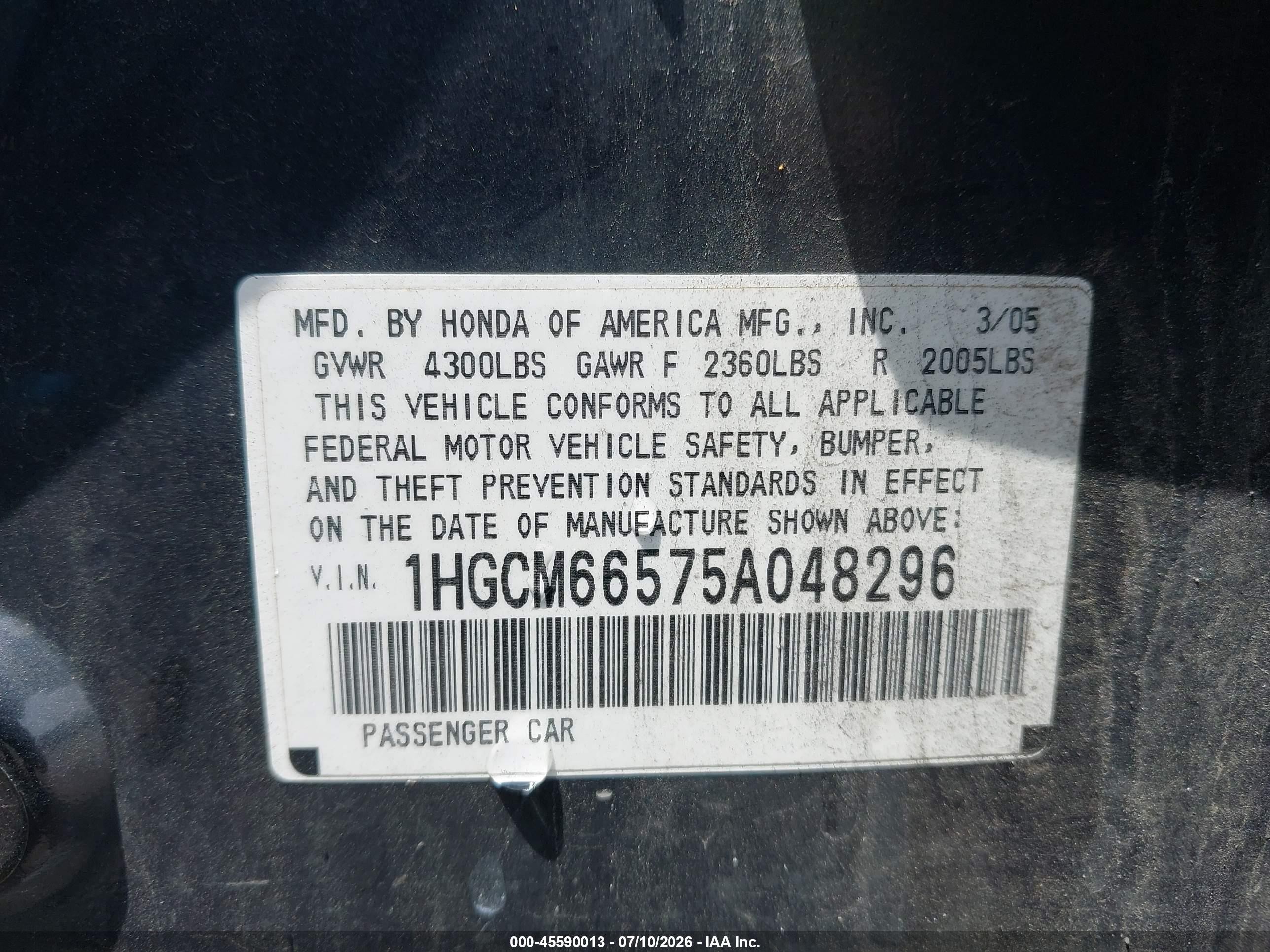 2005 Honda Accord 3.0 Ex Gray vin: 1HGCM66575A048296