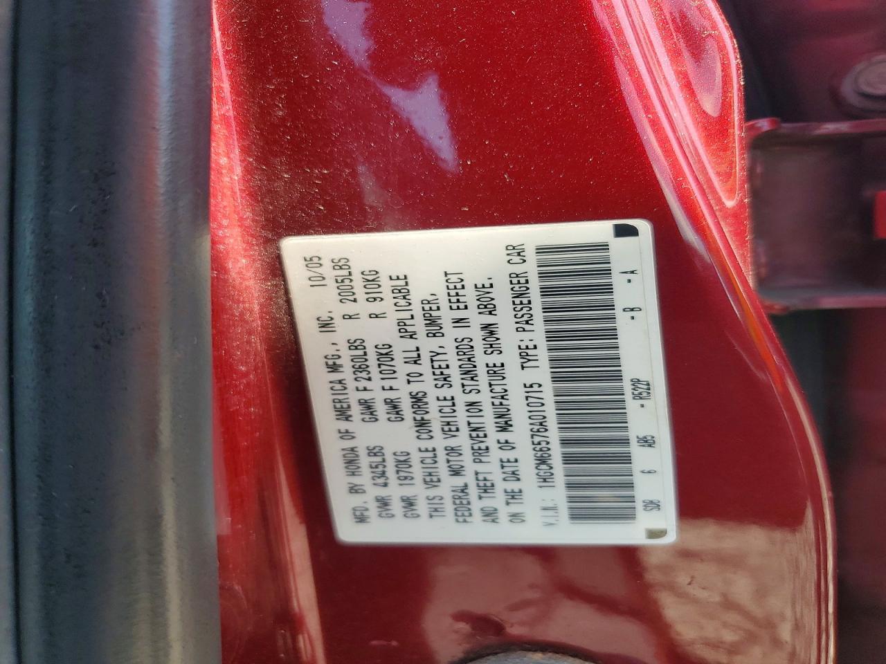 2006 Honda Accord Ex Red vin: 1HGCM66576A010715