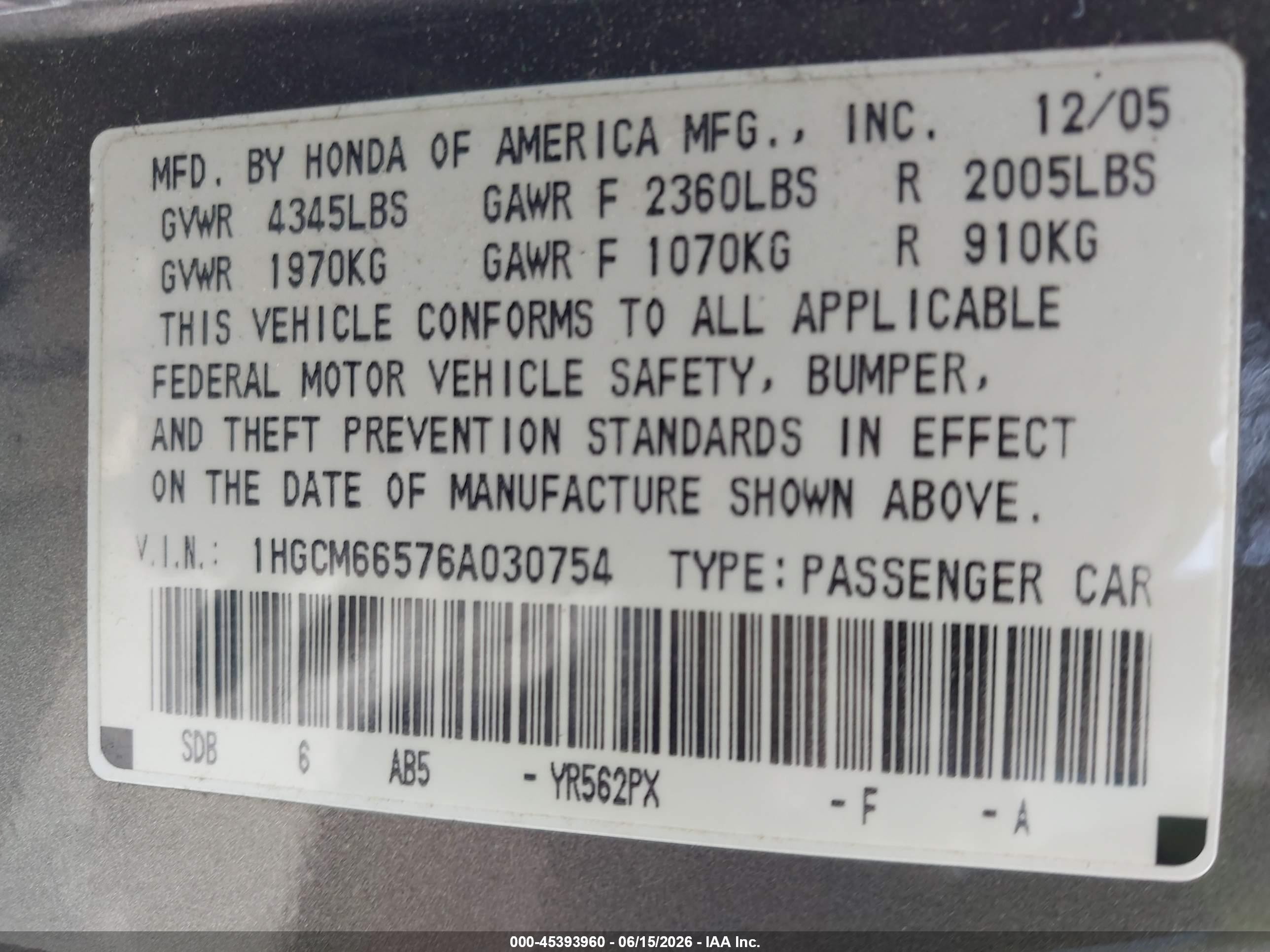 2006 Honda Accord 3.0 Ex Gray vin: 1HGCM66576A030754