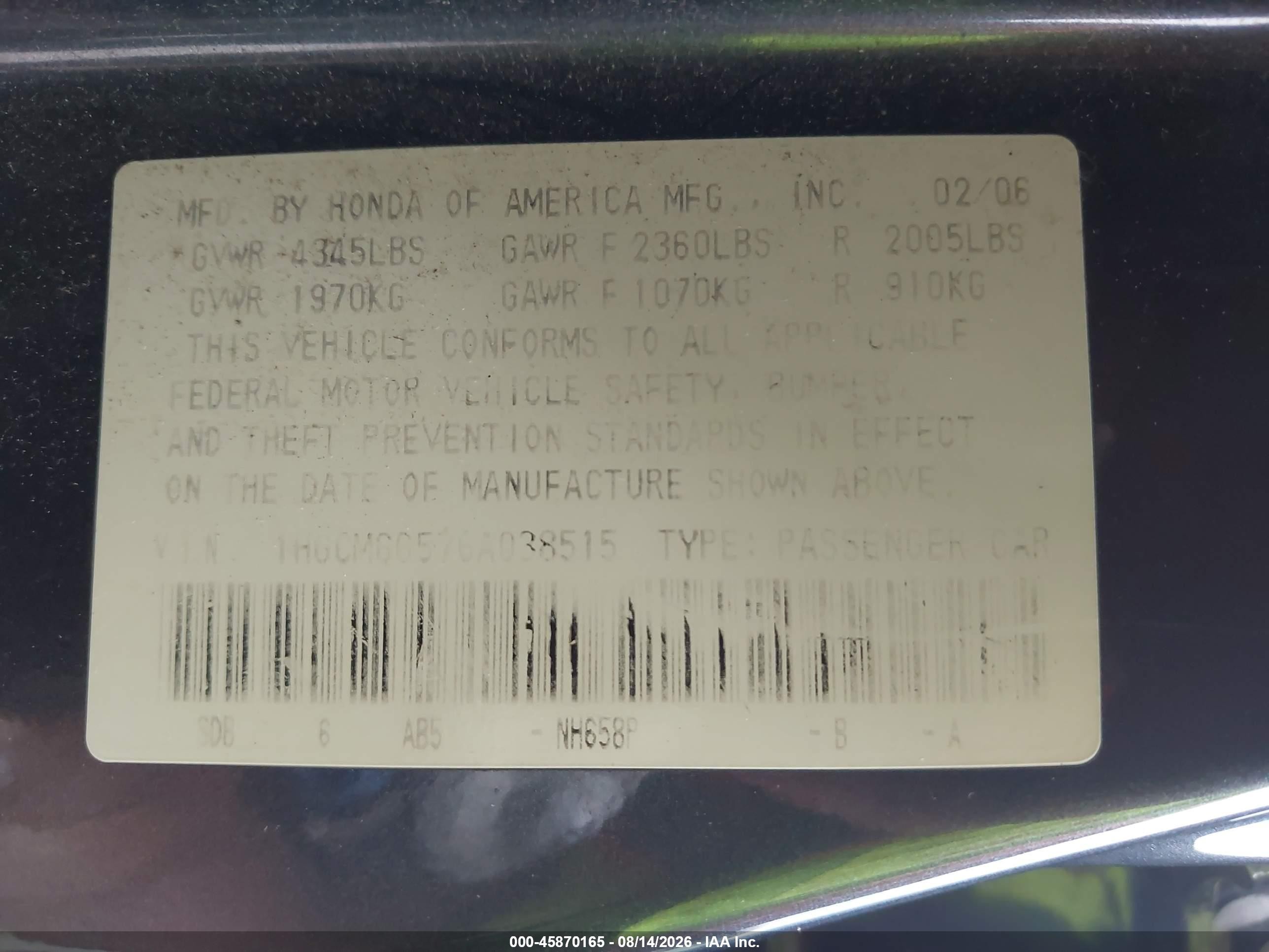 2006 Honda Accord 3.0 Ex Gray vin: 1HGCM66576A038515