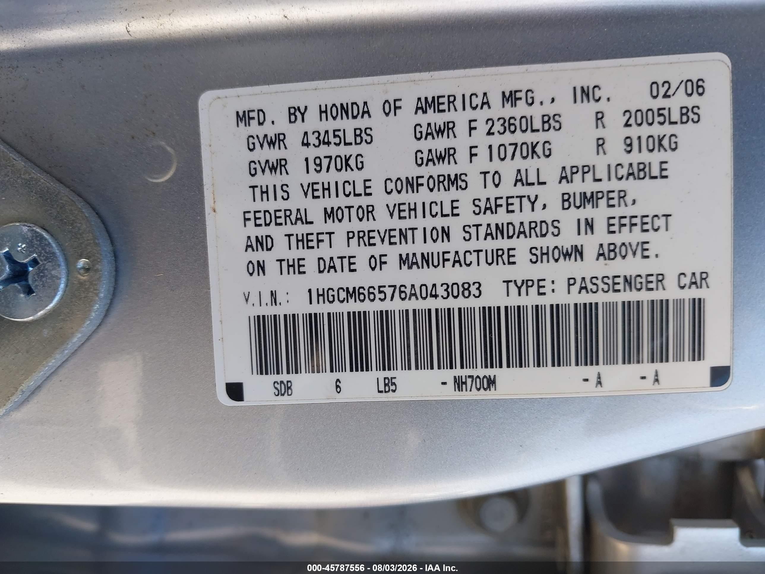 2006 Honda Accord 3.0 Ex Silver vin: 1HGCM66576A043083