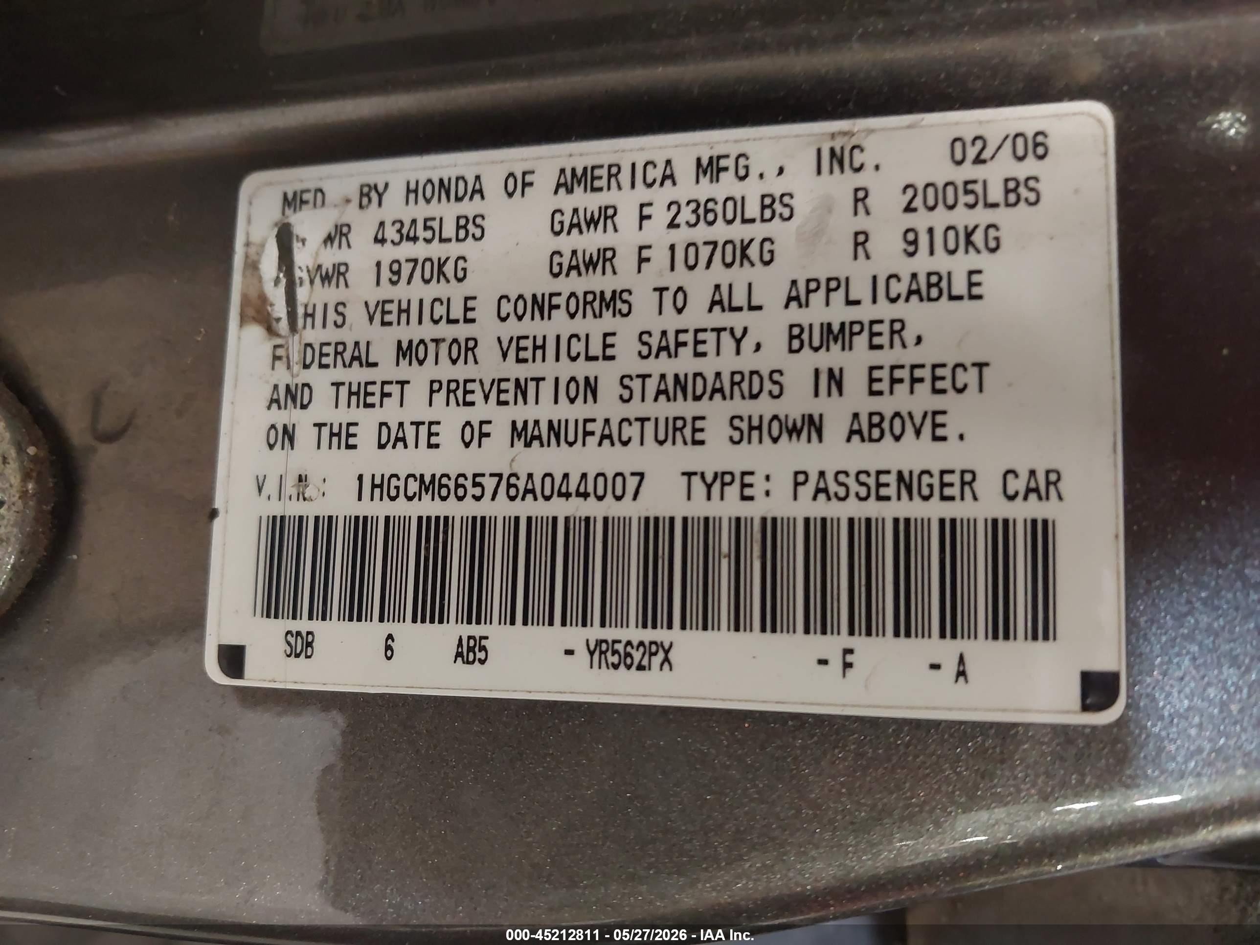2006 Honda Accord 3.0 Ex Gray vin: 1HGCM66576A044007