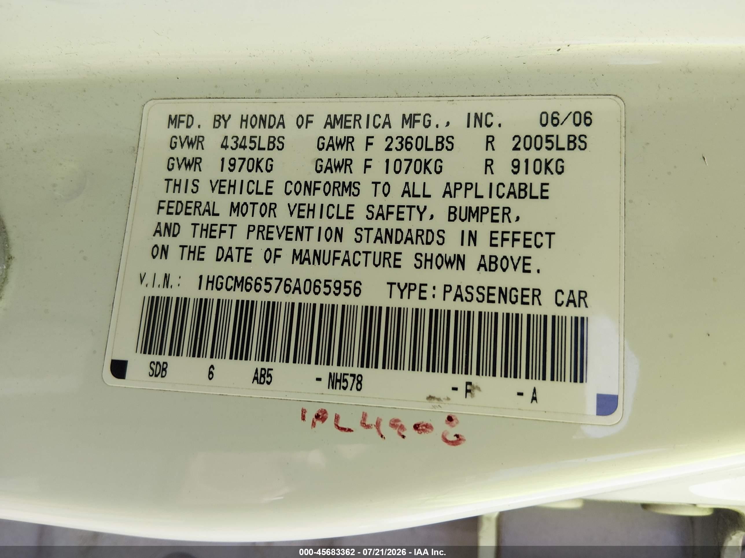 2006 Honda Accord 3.0 Ex White vin: 1HGCM66576A065956