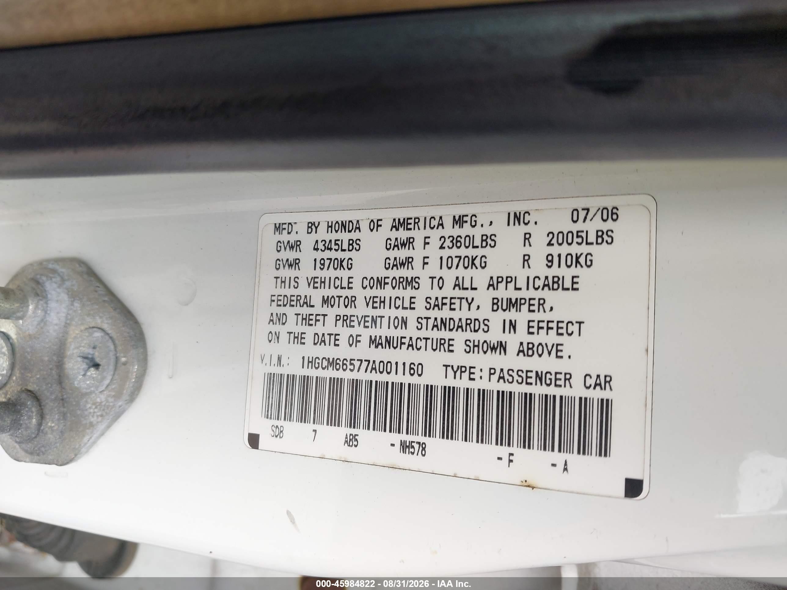 2007 Honda Accord 3.0 Ex White vin: 1HGCM66577A001160