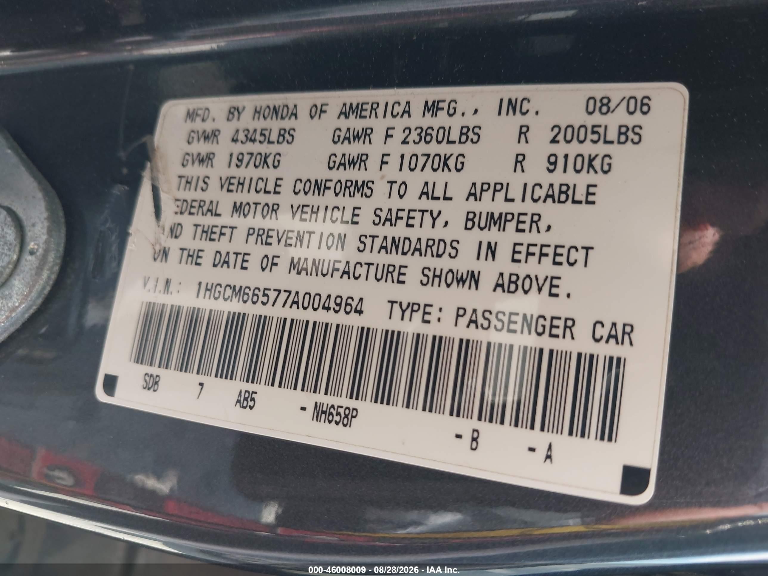 2007 Honda Accord 3.0 Ex Blue vin: 1HGCM66577A004964