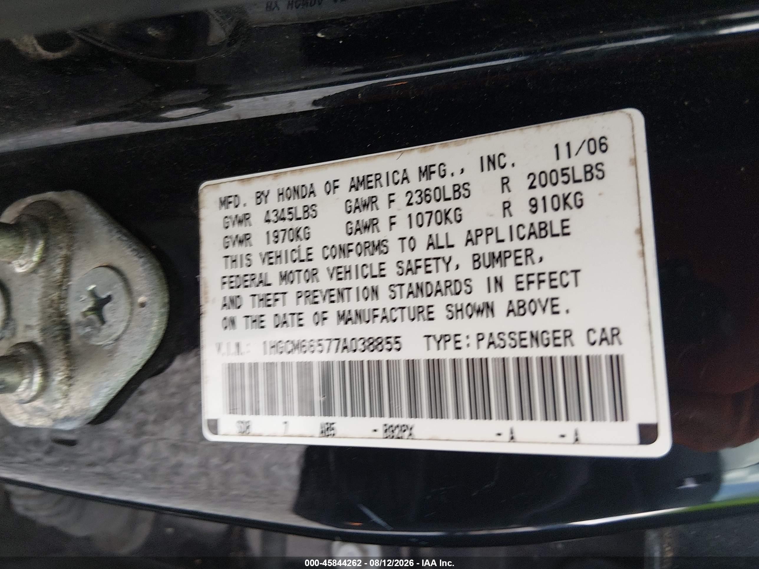 2007 Honda Accord 3.0 Ex Black vin: 1HGCM66577A038855