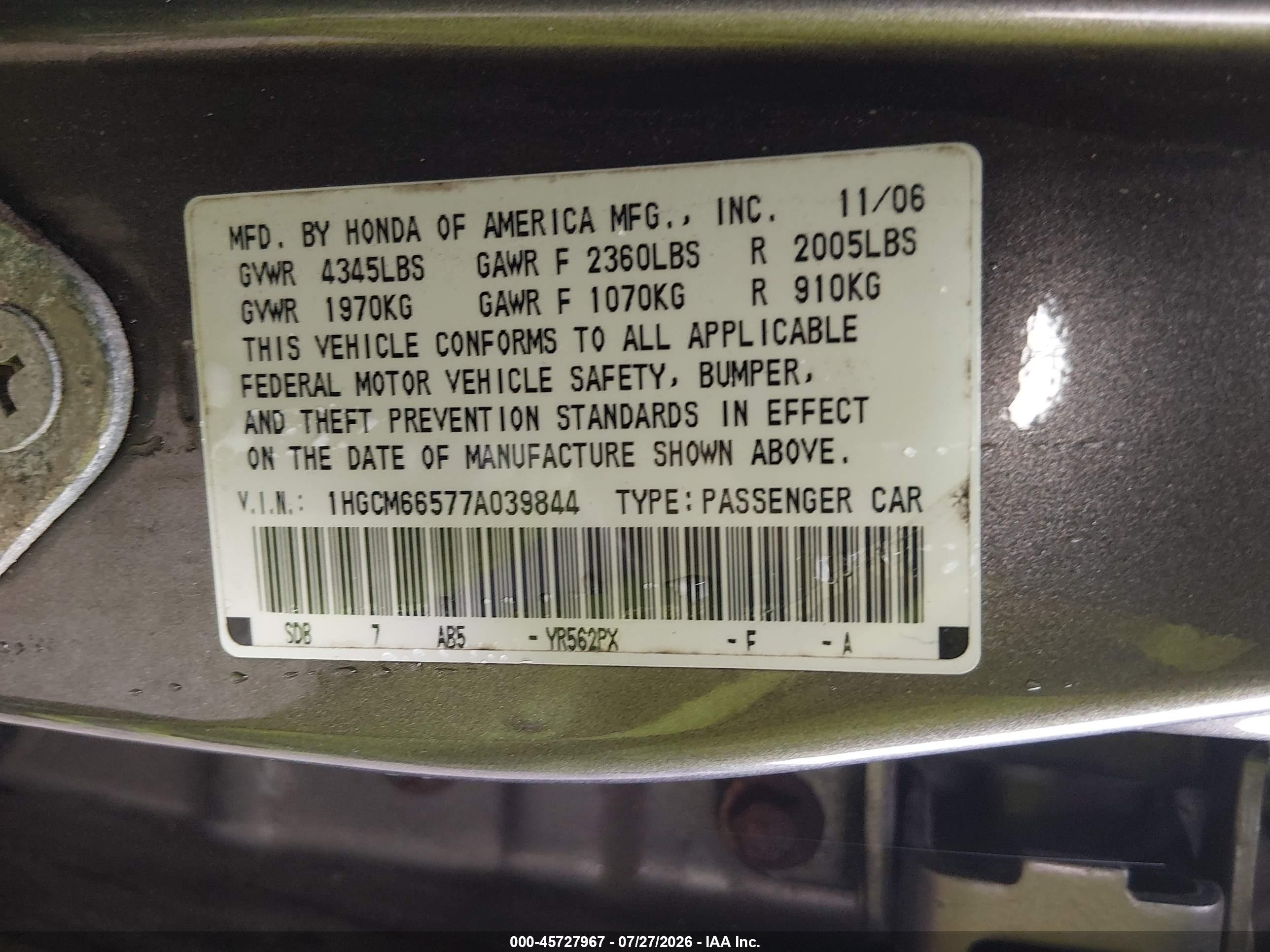 2007 Honda Accord 3.0 Ex Gray vin: 1HGCM66577A039844