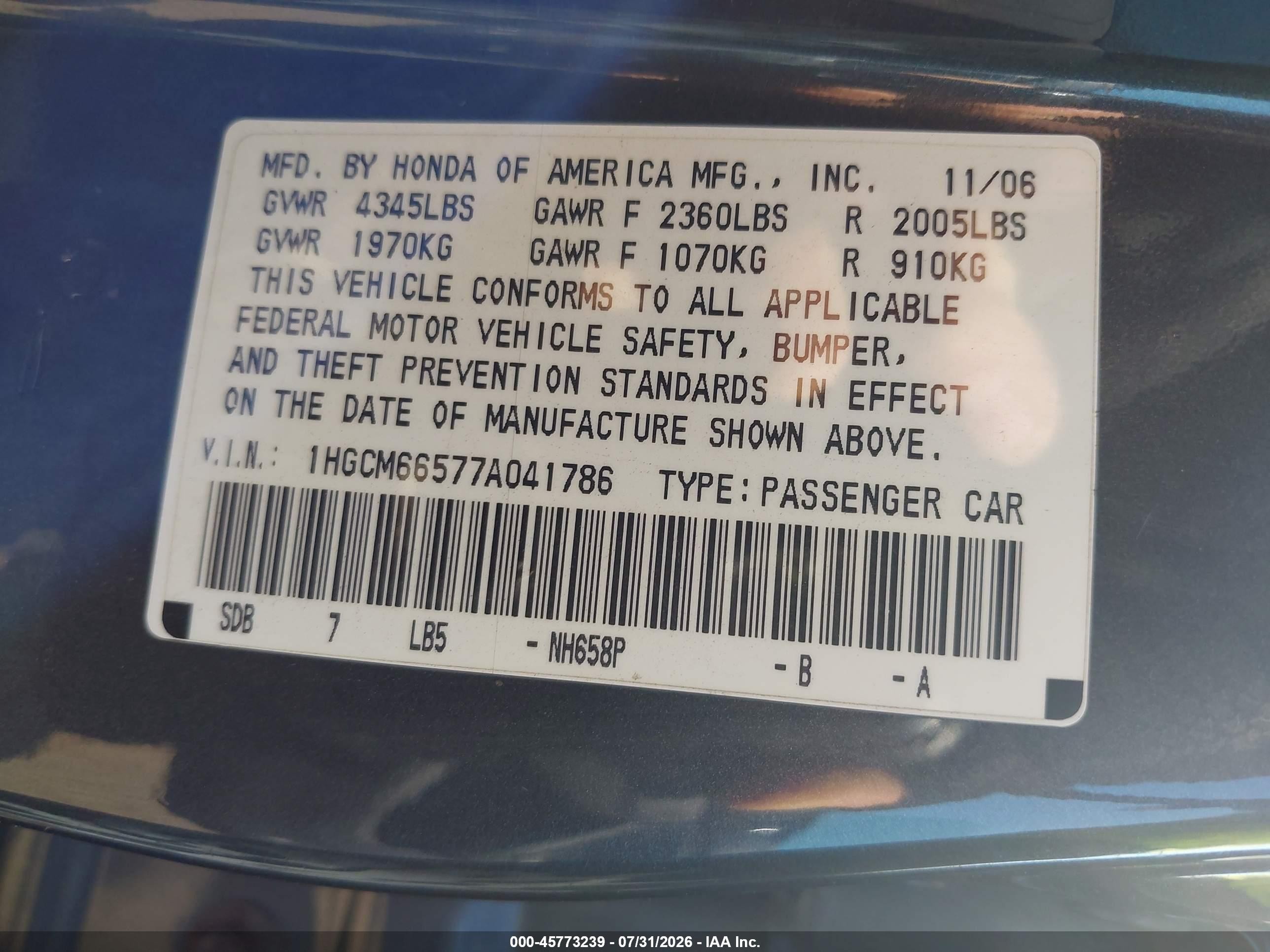 2007 Honda Accord 3.0 Ex Gray vin: 1HGCM66577A041786