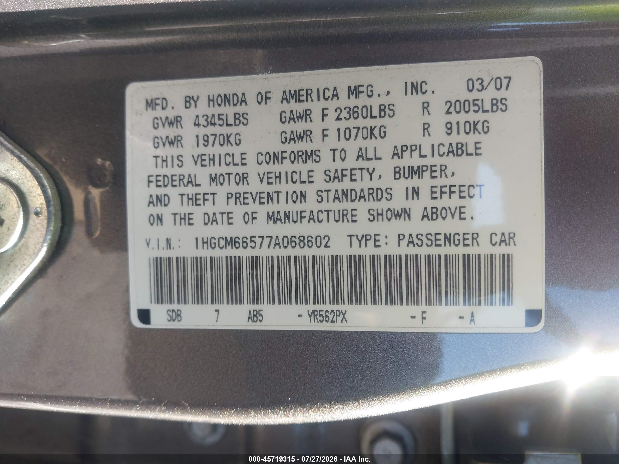 2007 Honda Accord 3.0 Ex Gray vin: 1HGCM66577A068602