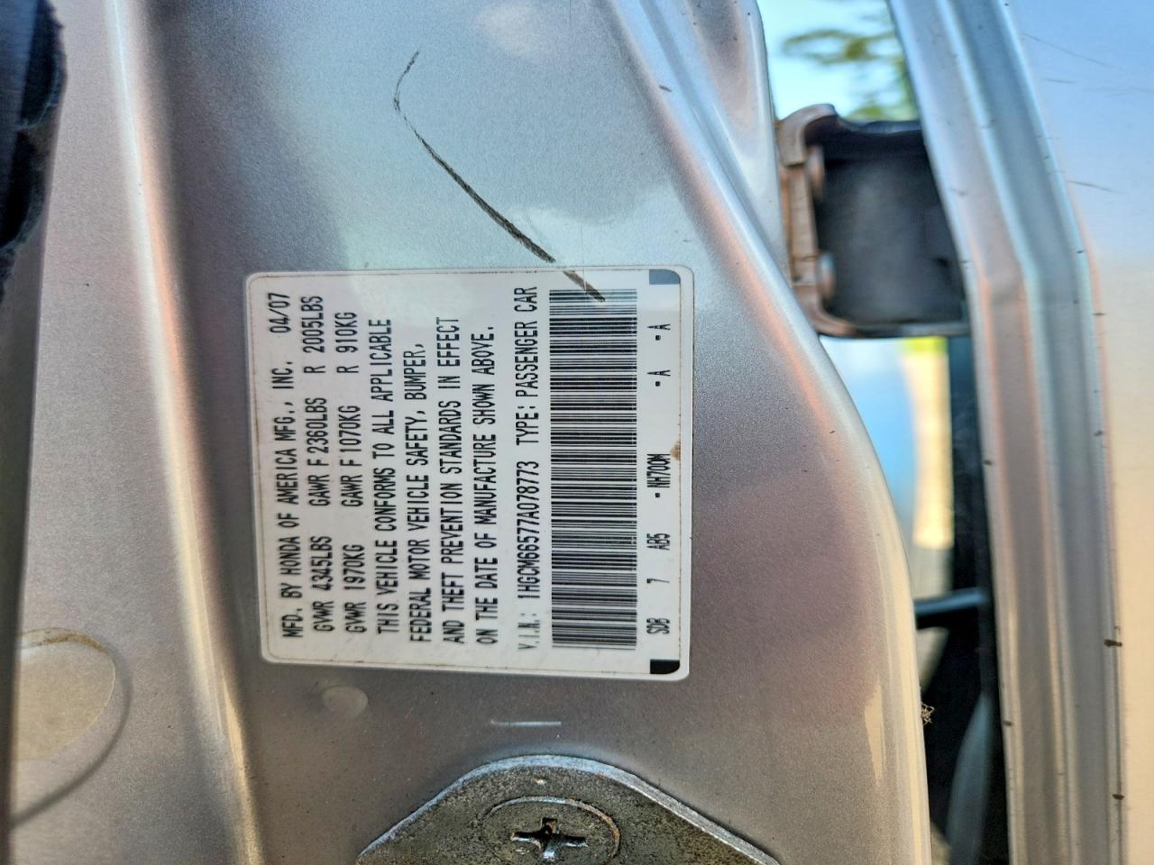 2007 Honda Accord Silver vin: 1HGCM66577A078773