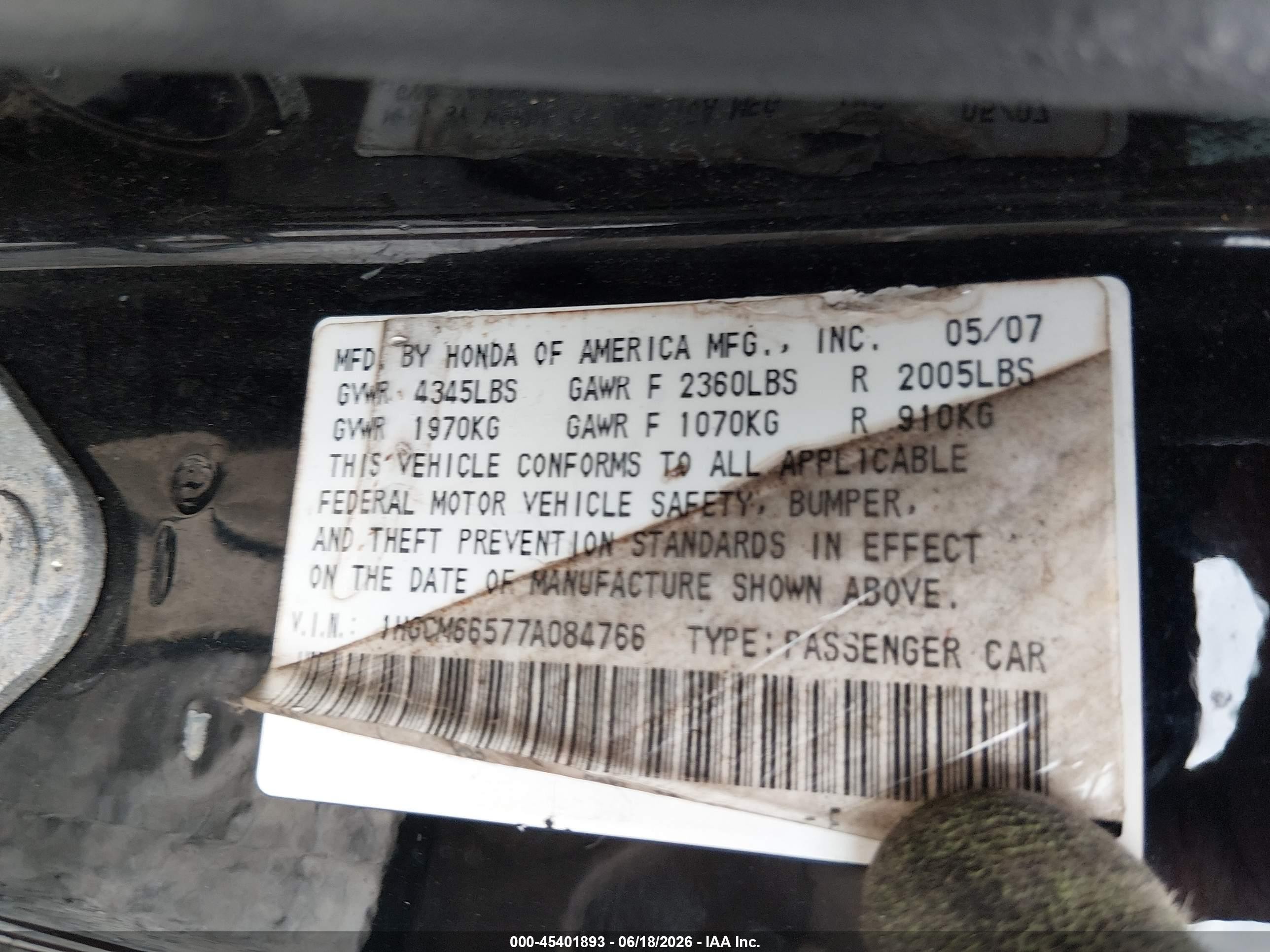 2007 Honda Accord 3.0 Ex Black vin: 1HGCM66577A084766