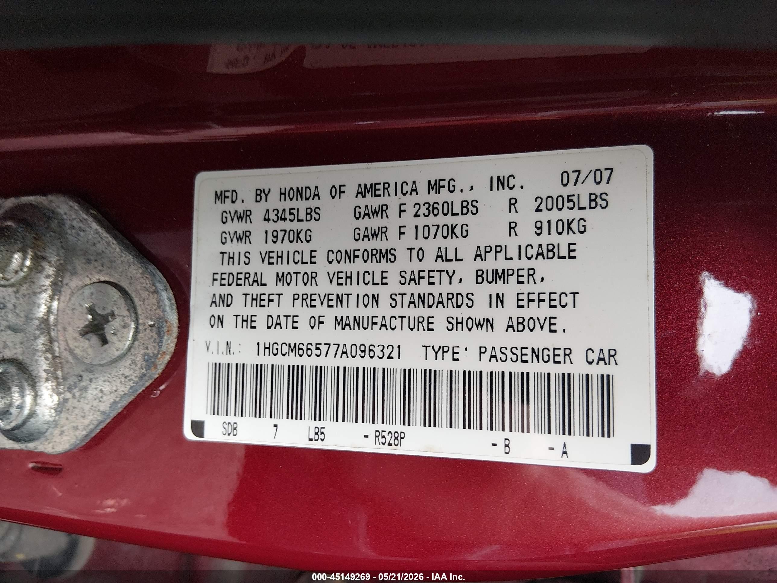2007 Honda Accord 3.0 Ex Красный vin: 1HGCM66577A096321