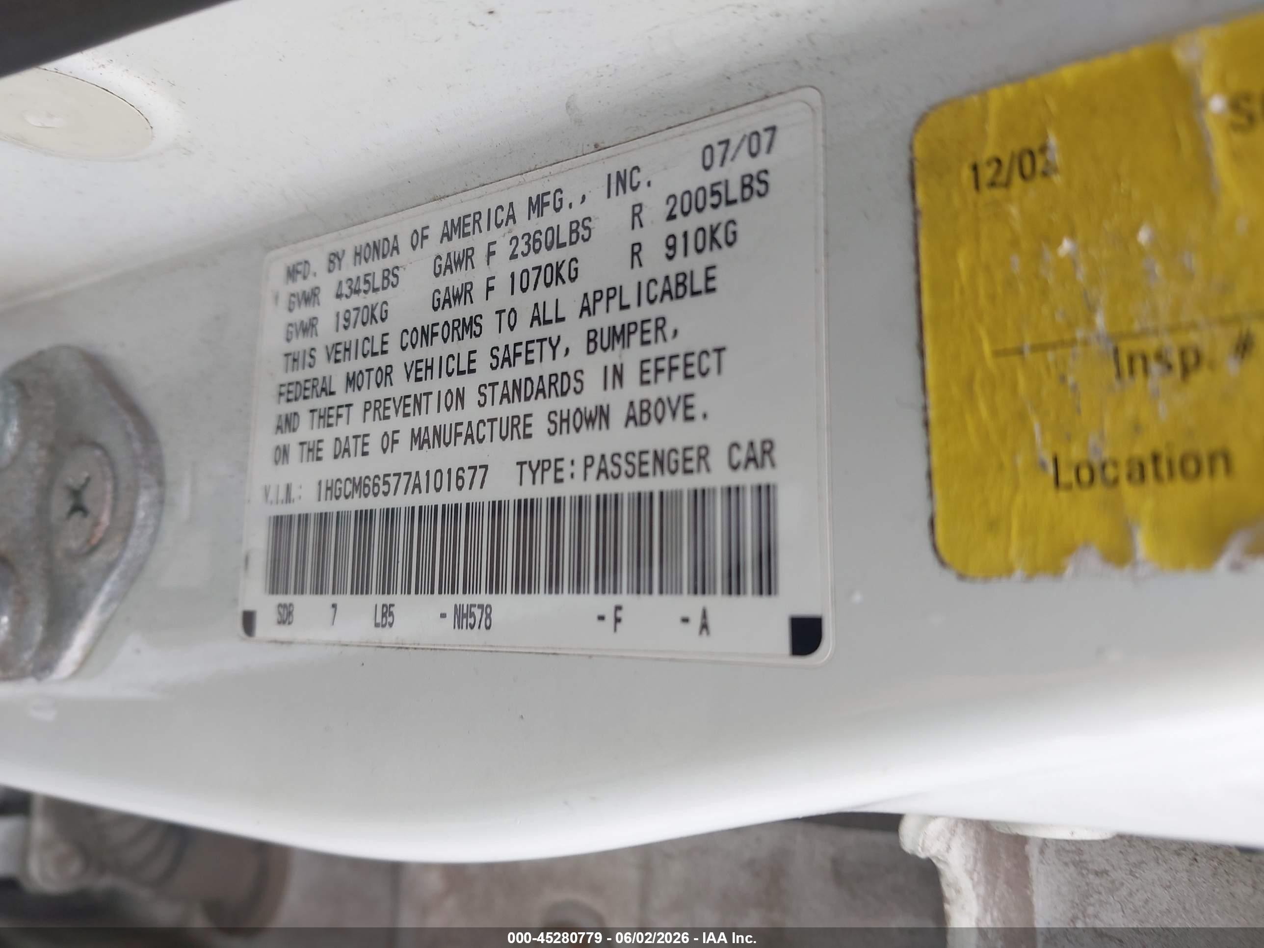 2007 Honda Accord 3.0 Ex Белый vin: 1HGCM66577A101677