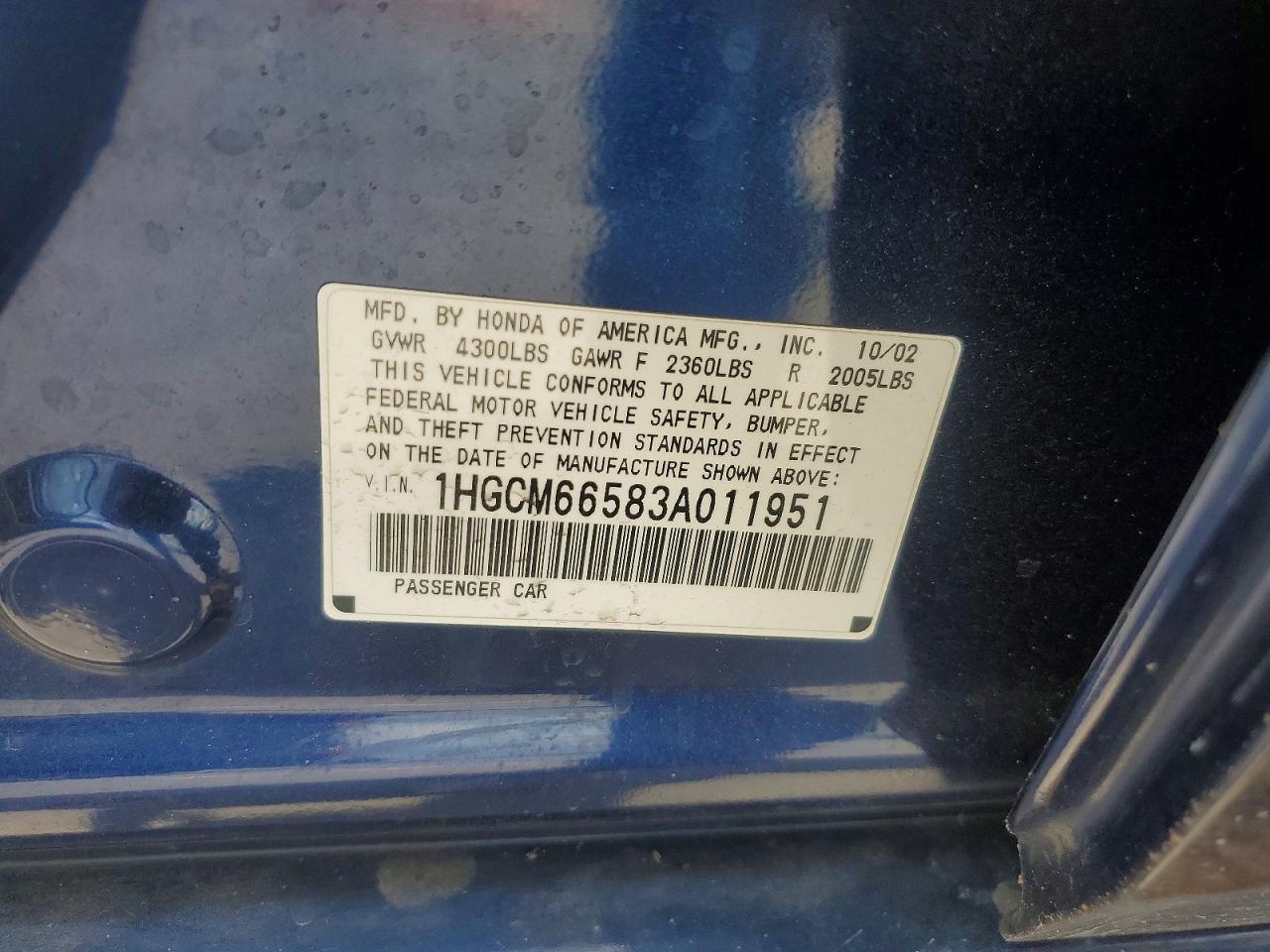 2003 Honda Accord Ex Blue vin: 1HGCM66583A011951