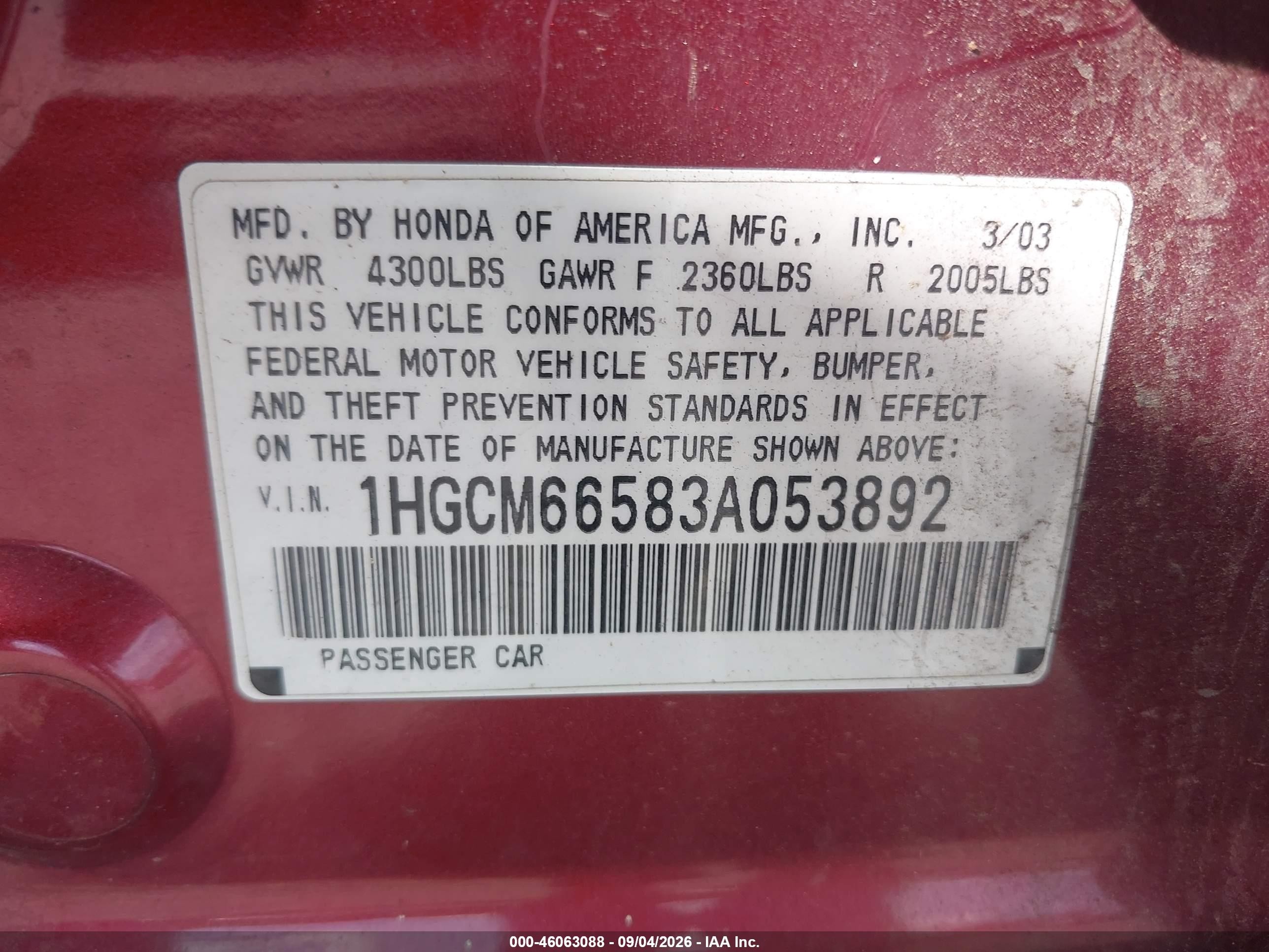 2003 Honda Accord 3.0 Ex Green vin: 1HGCM66583A053892