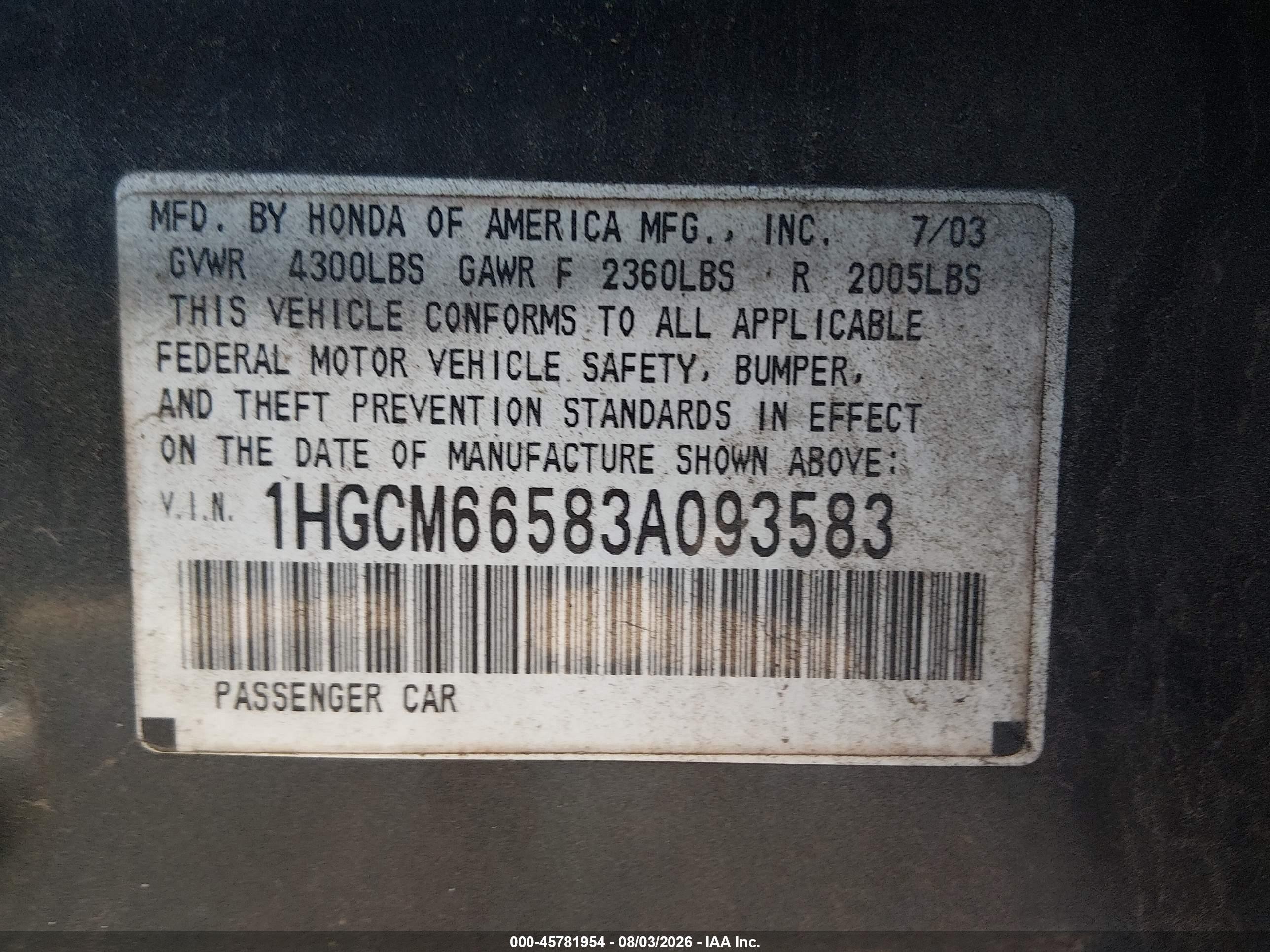 2003 Honda Accord 3.0 Ex Серый vin: 1HGCM66583A093583